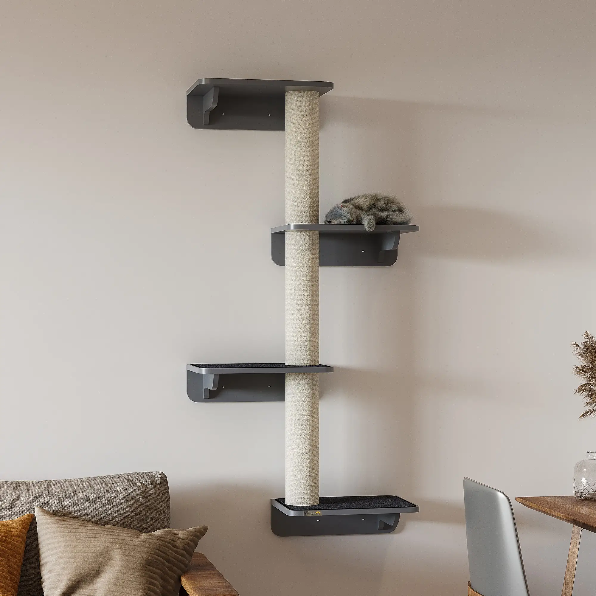 Wall-Mounted Cat Shelf, 4 Platforms, 3 Scratching Posts, Light Grey - Image 7