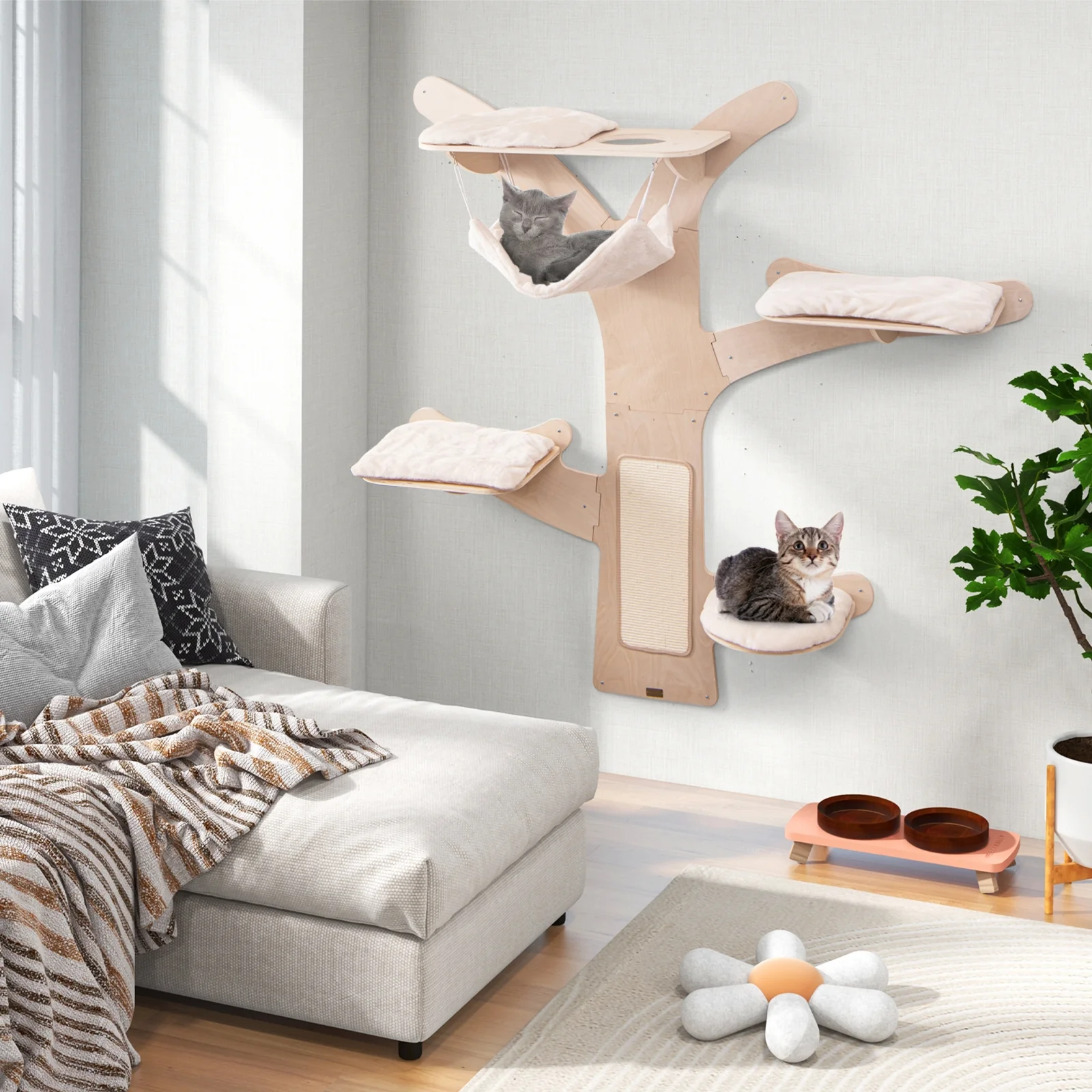 Wall-Mounted Cat Tower With Hammock Platforms, Sisal Scratching Mat, Natural - Image 3