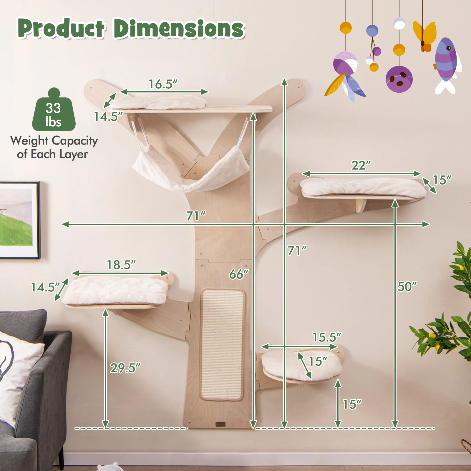 Wall-Mounted Cat Tower With Hammock Platforms, Sisal Scratching Mat, Natural - Image 5
