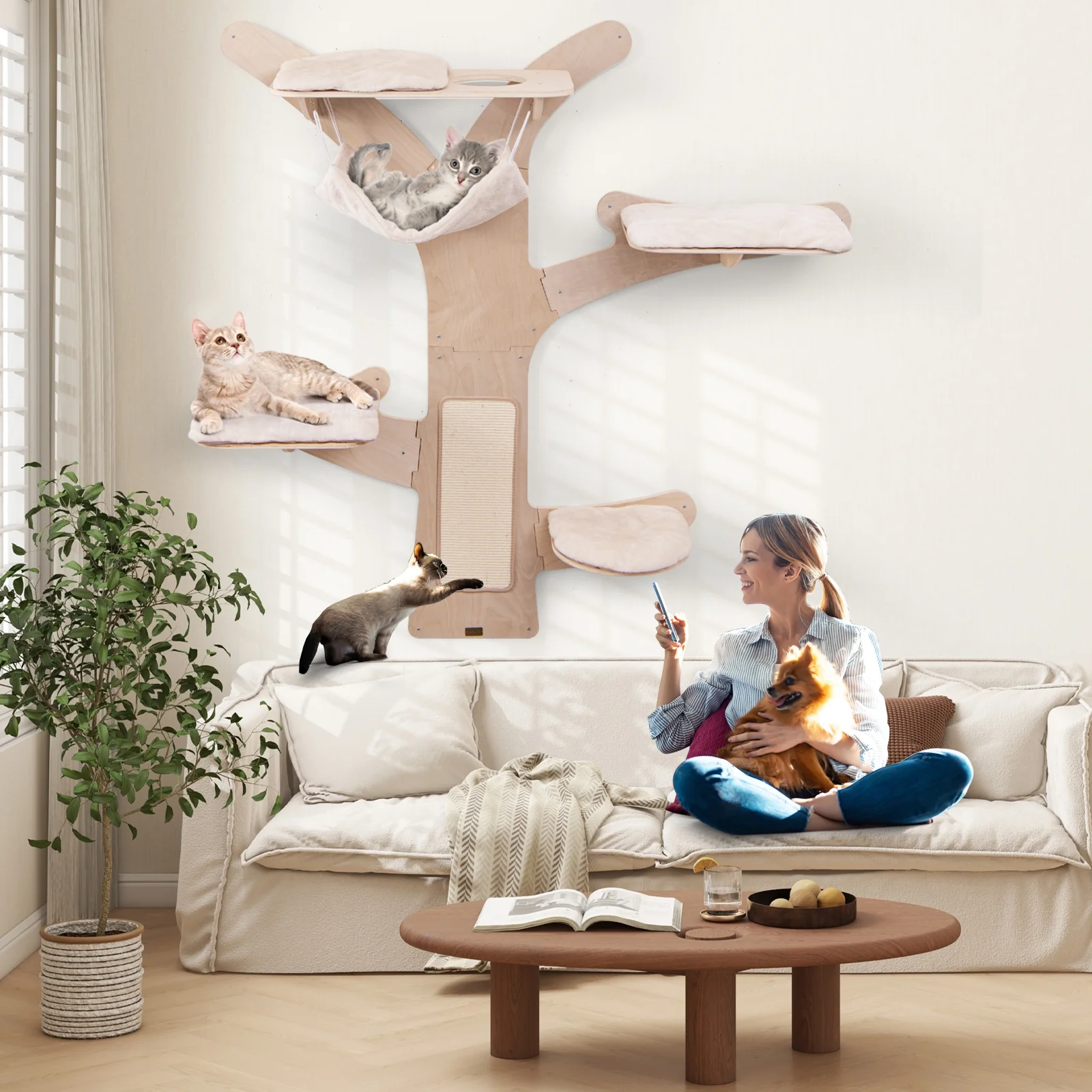 Wall-Mounted Cat Tower With Hammock Platforms, Sisal Scratching Mat, Natural - Image 6