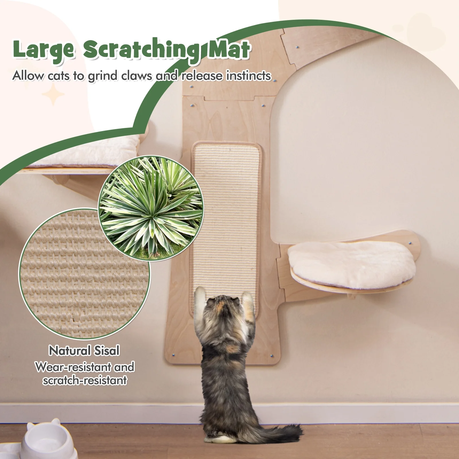 Wall-Mounted Cat Tower With Hammock Platforms, Sisal Scratching Mat, Natural - Image 9