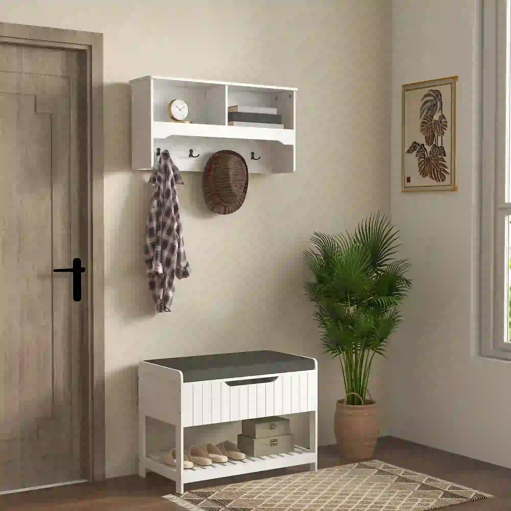 Wall Mounted Coat Rack, Shoe Storage Bench, Hall Tree, White - Image 2