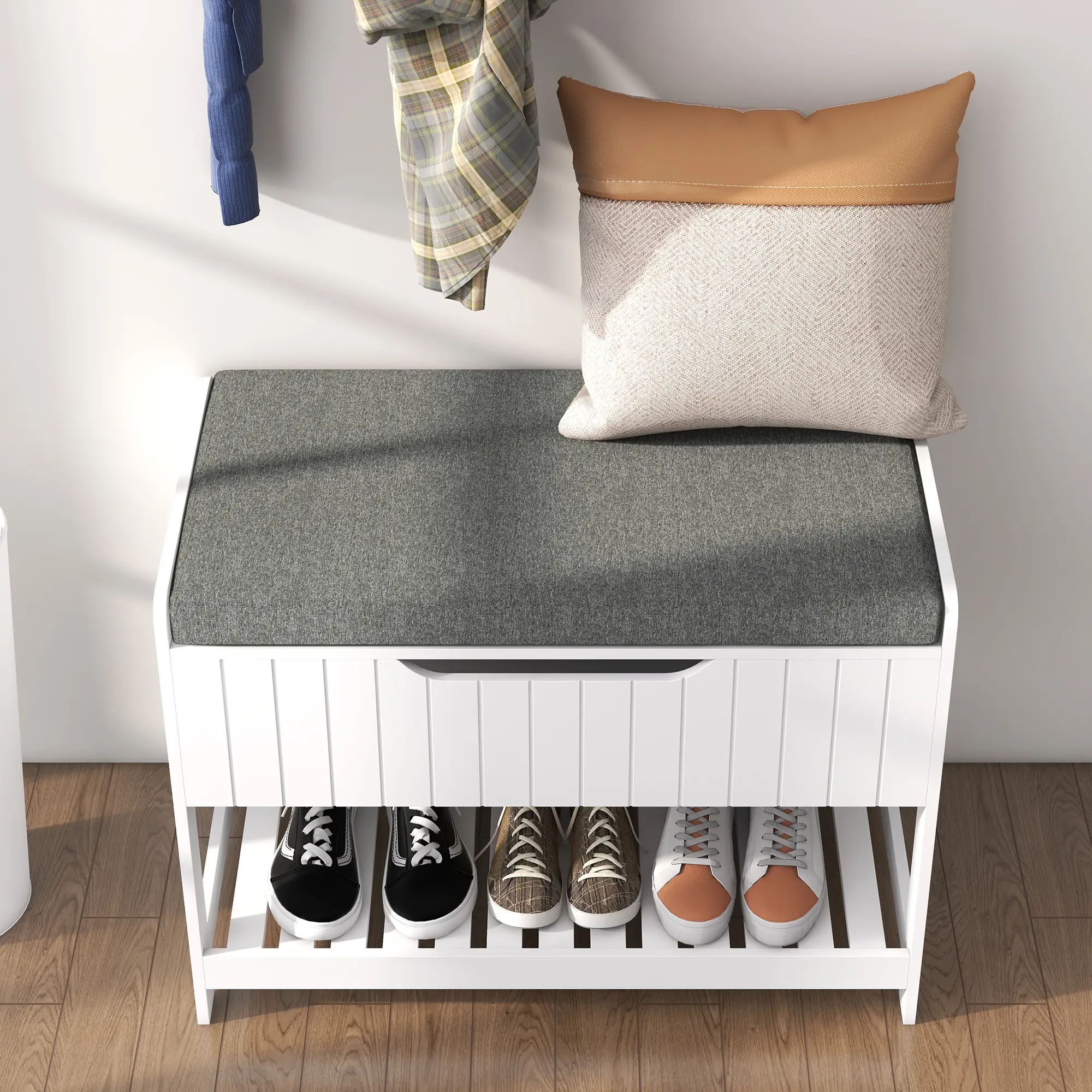 Wall Mounted Coat Rack, Shoe Storage Bench, Hall Tree, White - Image 7