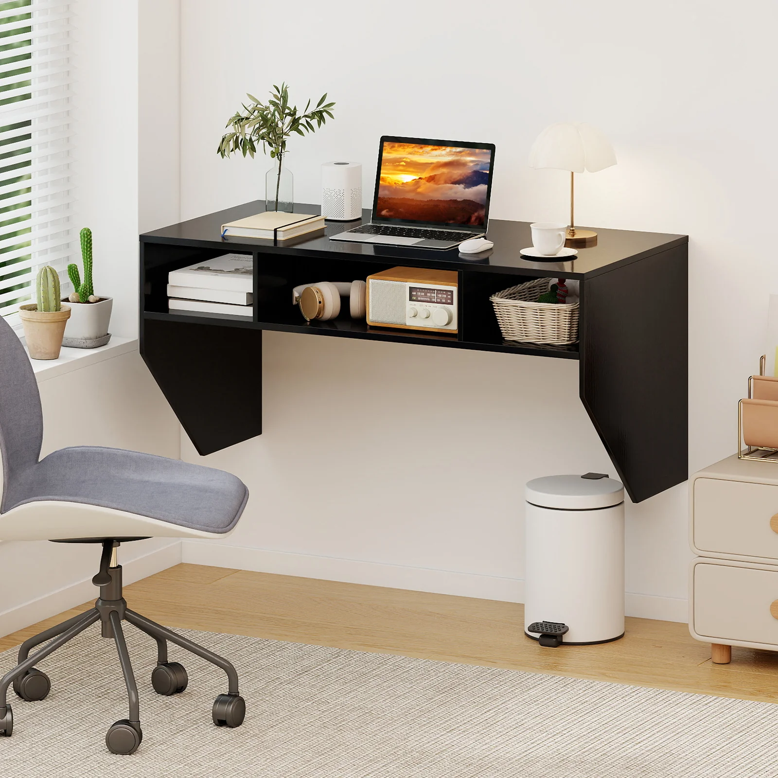 Wall-Mounted Computer Desk Floating Laptop Desk with 3 Storage Compartments, Black - Image 3