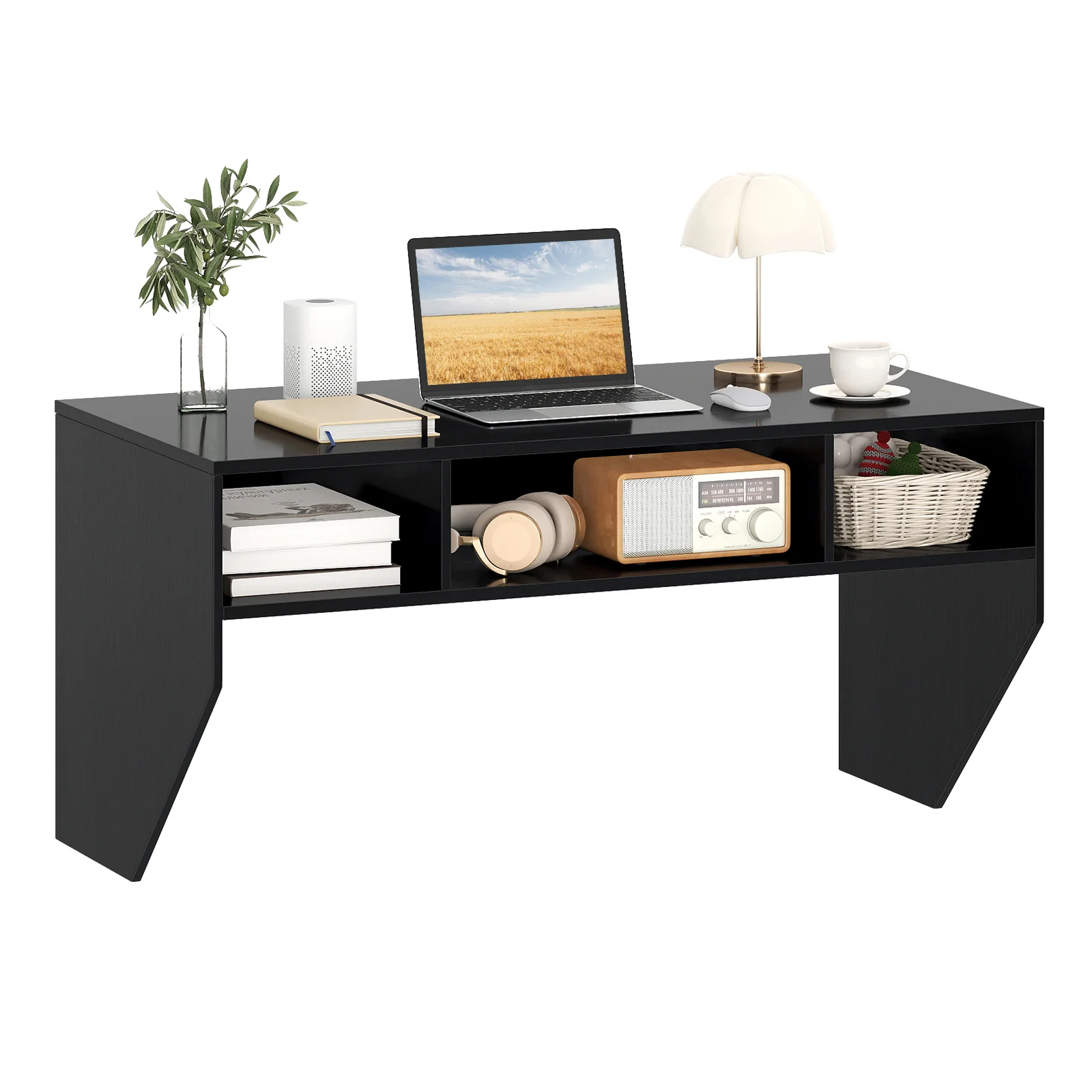 Wall-Mounted Computer Desk Floating Laptop Desk with 3 Storage Compartments, Black - Image 4