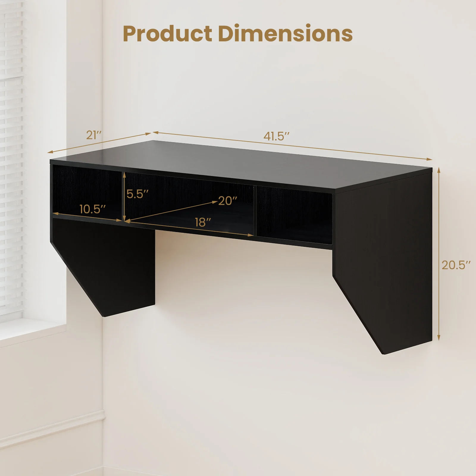 Wall-Mounted Computer Desk Floating Laptop Desk with 3 Storage Compartments, Black - Image 6