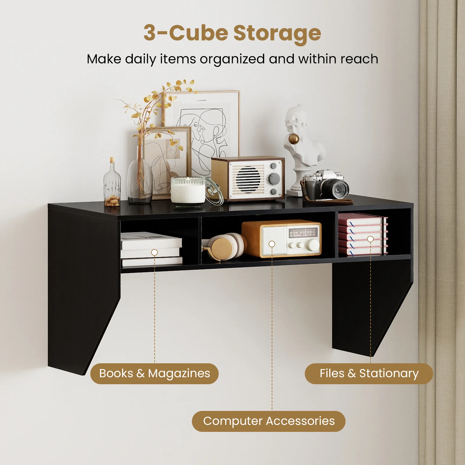 Wall-Mounted Computer Desk Floating Laptop Desk with 3 Storage Compartments, Black - Image 8