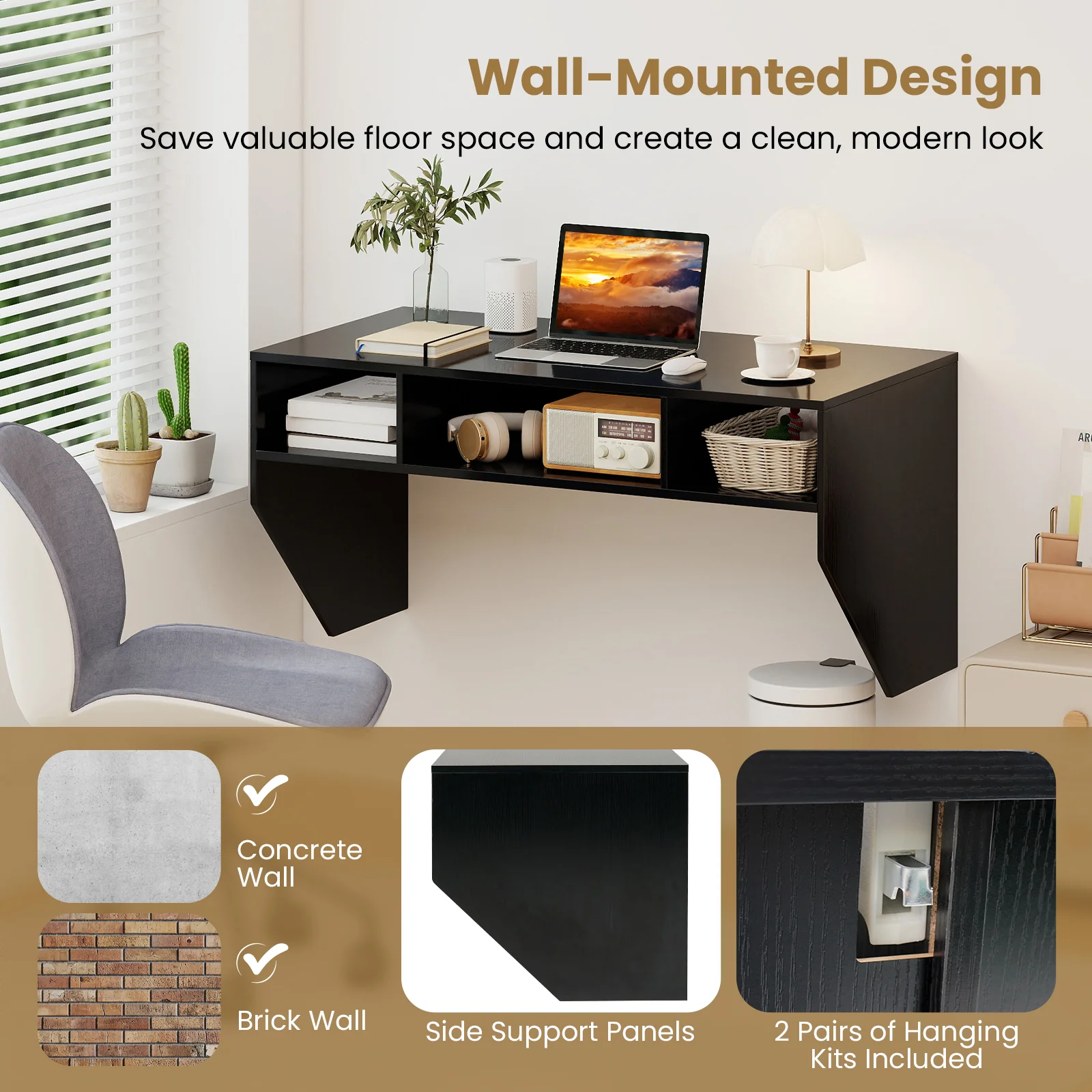 Wall-Mounted Computer Desk Floating Laptop Desk with 3 Storage Compartments, Black - Image 9