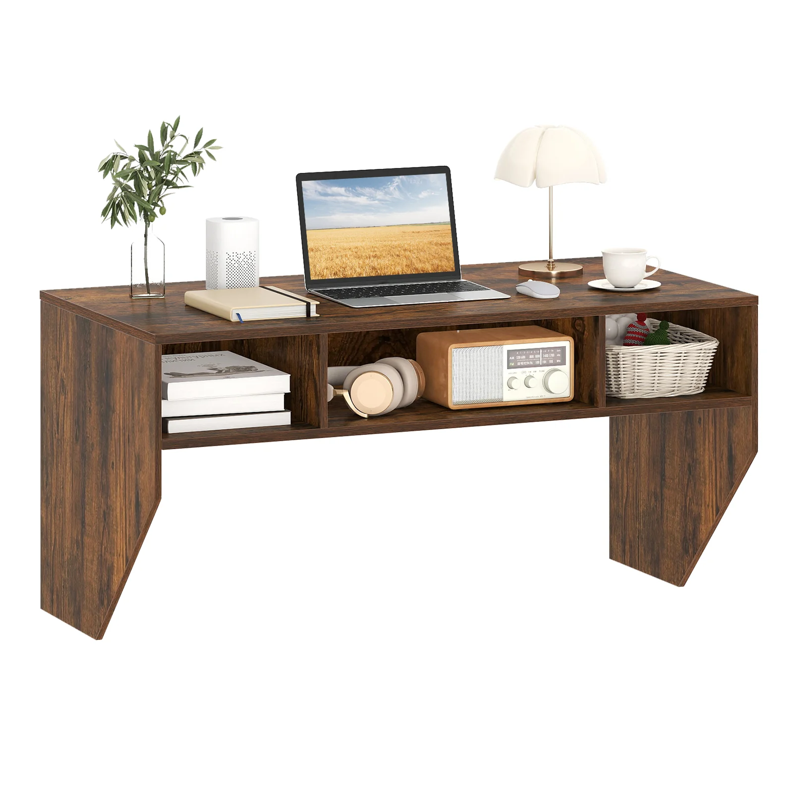 Wall-Mounted Computer Desk Floating Laptop Desk with 3 Storage Compartments, Rustic Brown
