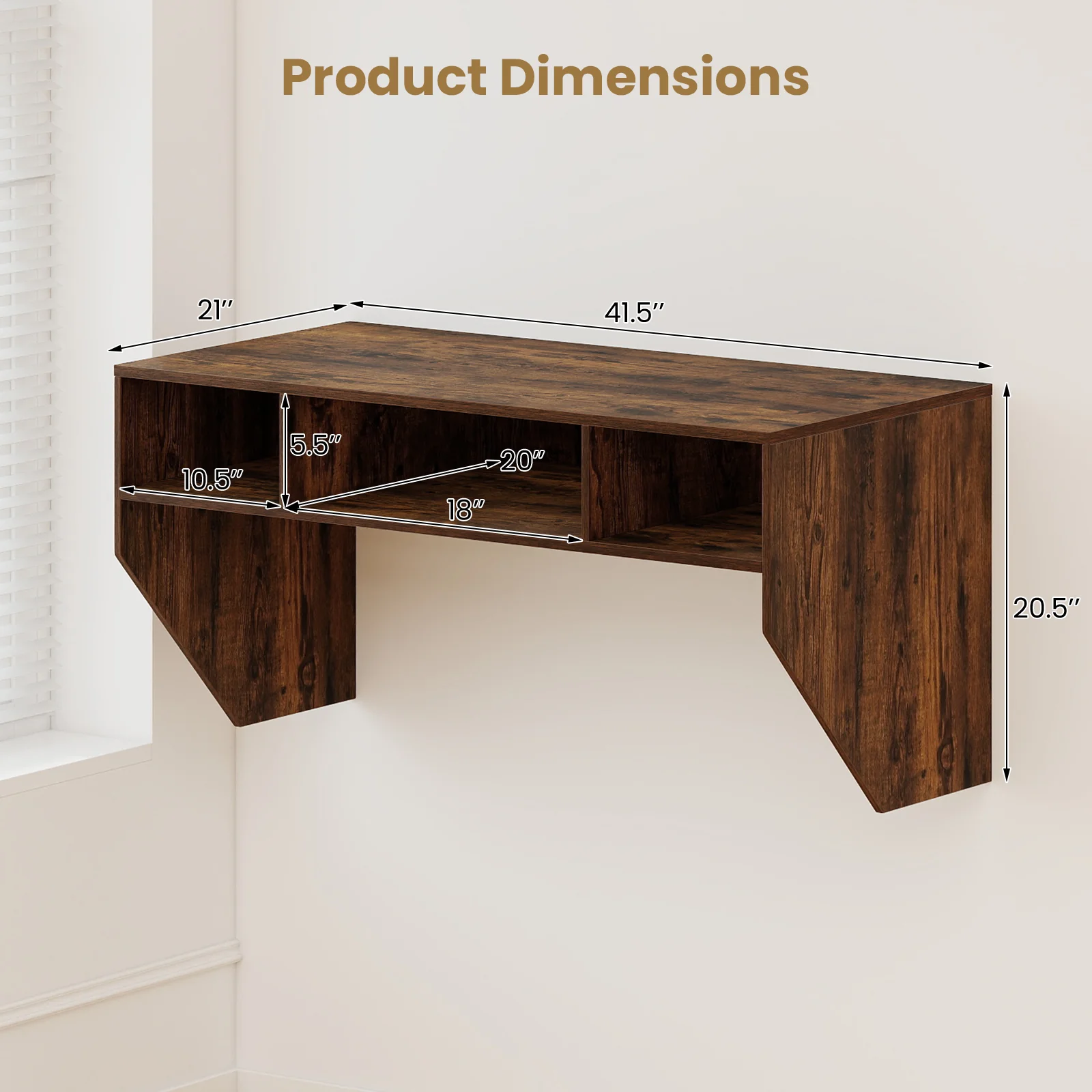 Wall-Mounted Computer Desk Floating Laptop Desk with 3 Storage Compartments, Rustic Brown - Image 6
