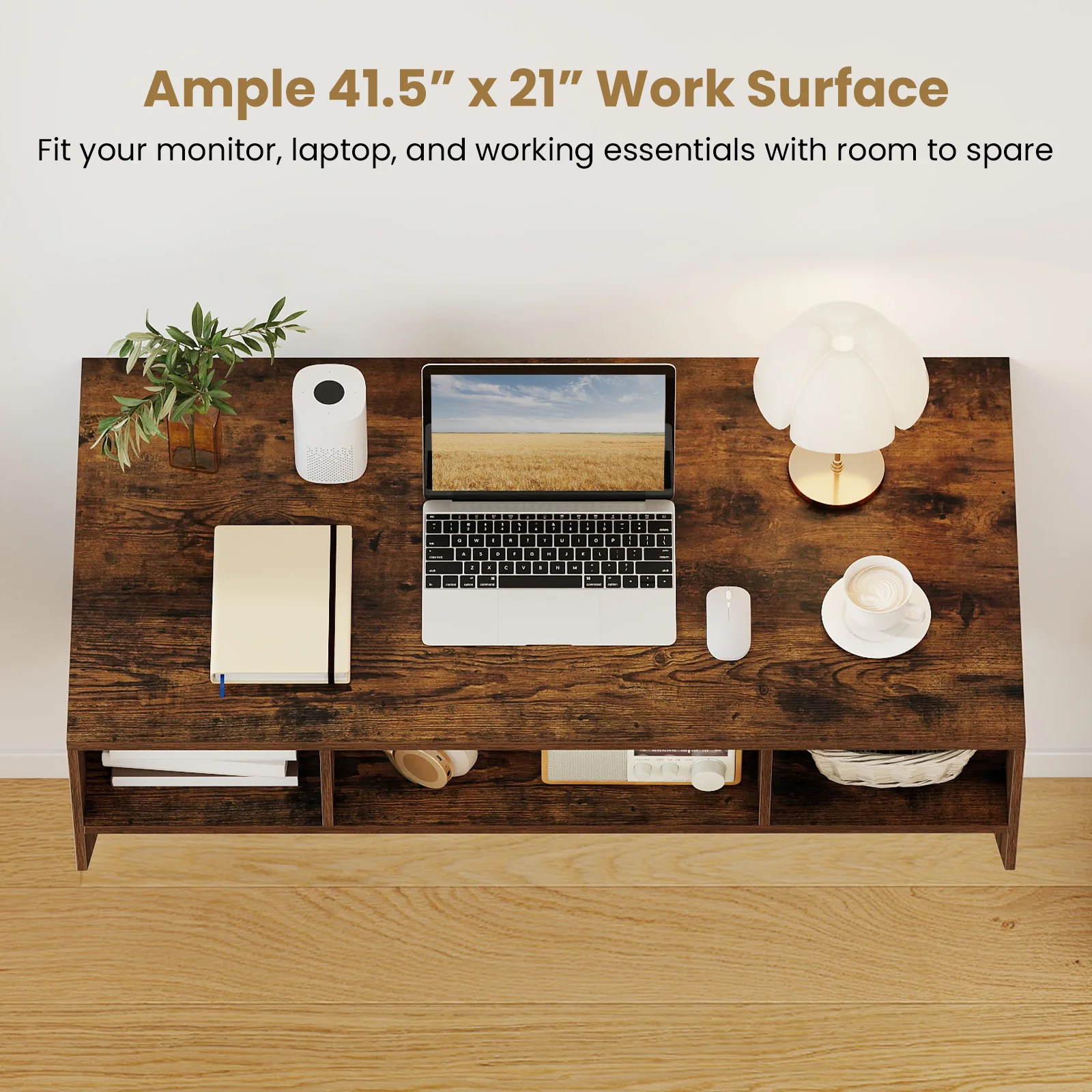 Wall-Mounted Computer Desk Floating Laptop Desk with 3 Storage Compartments, Rustic Brown - Image 7