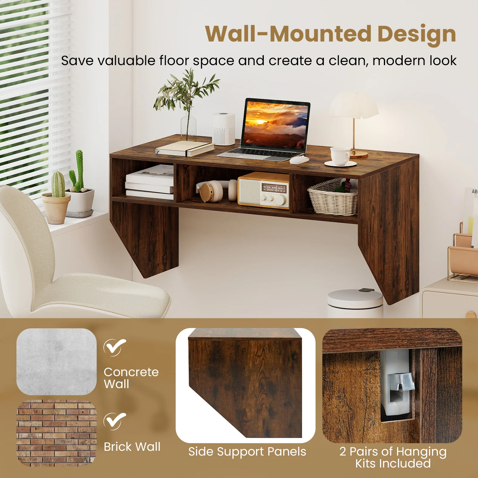 Wall-Mounted Computer Desk Floating Laptop Desk with 3 Storage Compartments, Rustic Brown - Image 9
