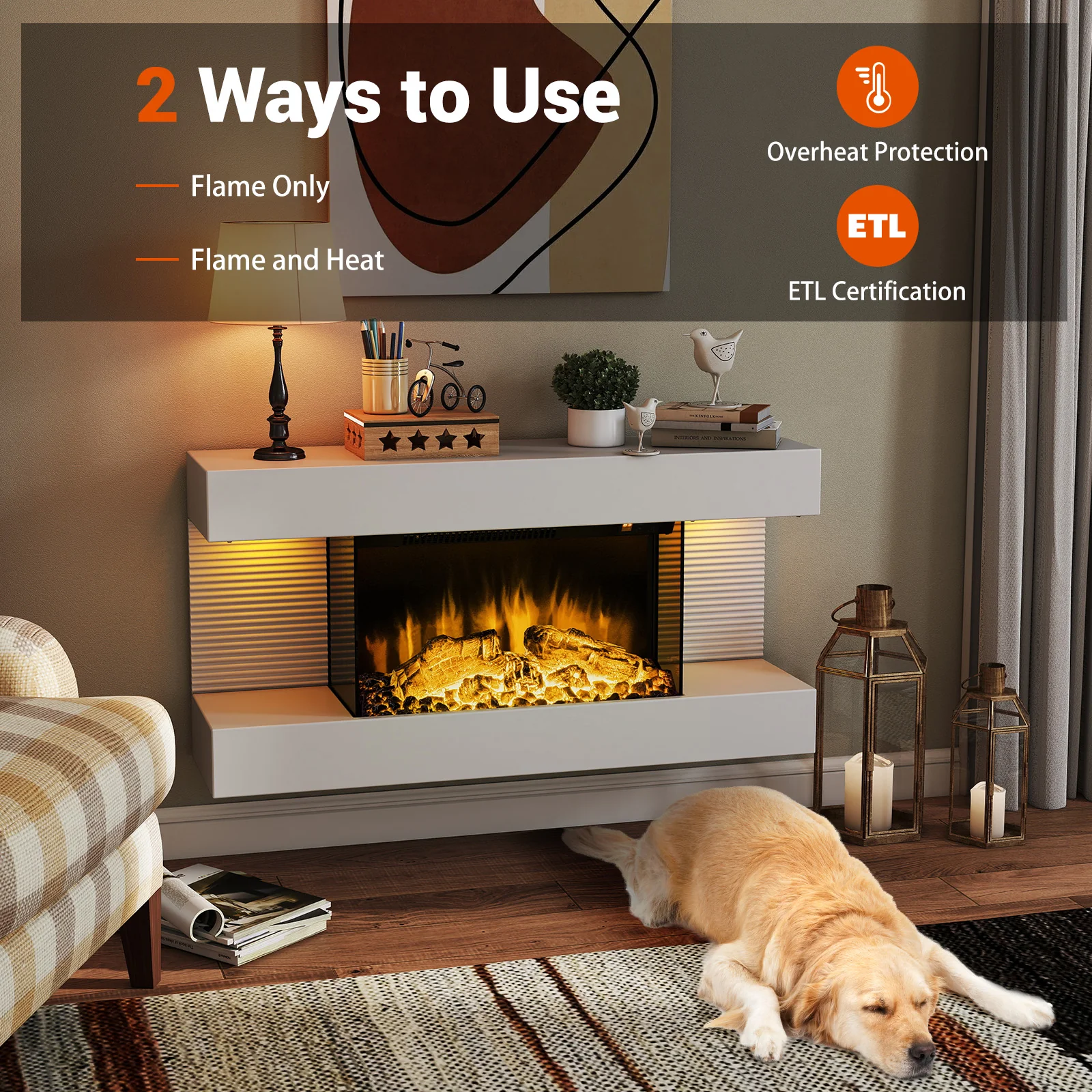 Wall Mounted Electric Fireplace, 18/36 Inch, 32/50 Inch Wide Floating Mantle - Image 10