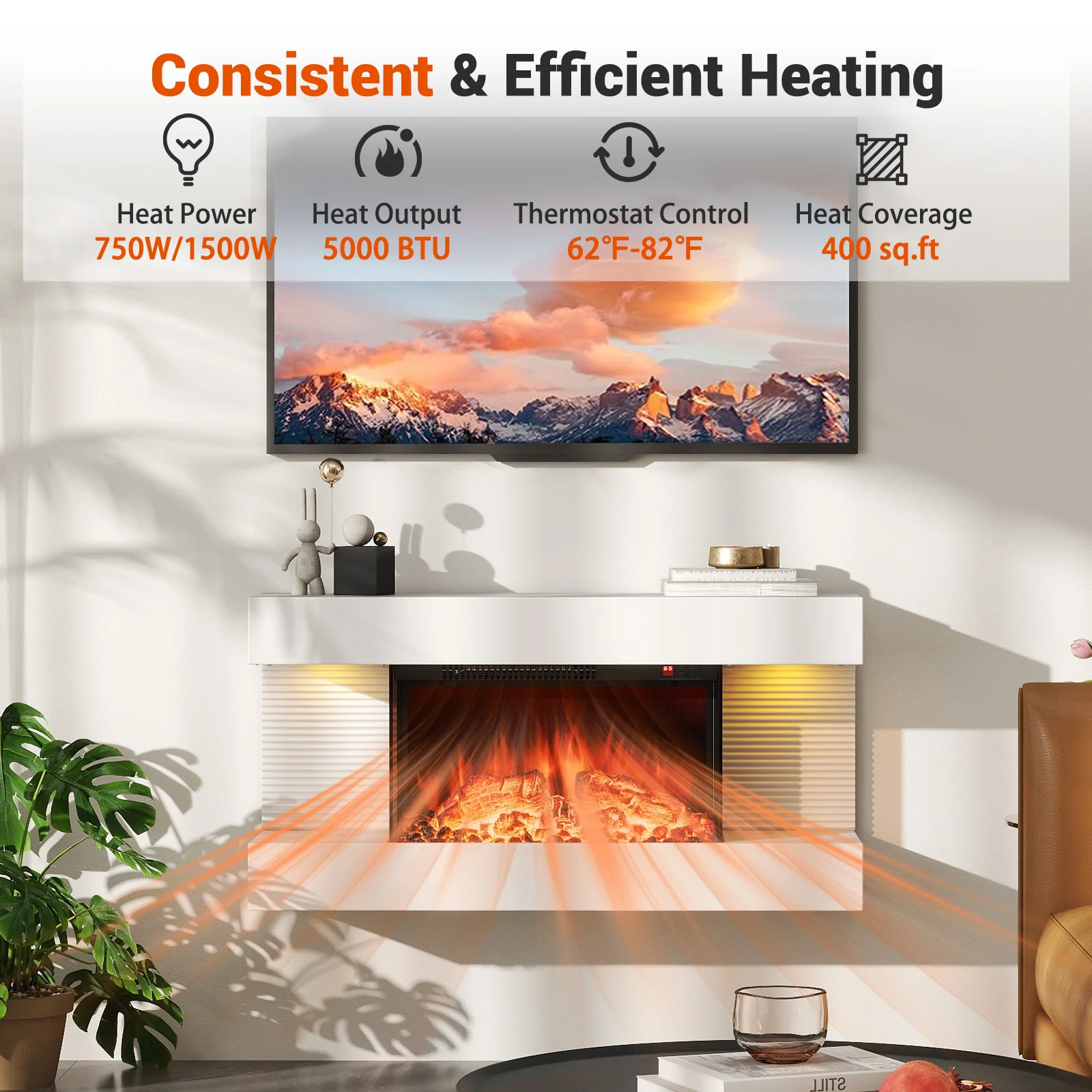 Wall Mounted Electric Fireplace, 18/36 Inch, 32/50 Inch Wide Floating Mantle - Image 8