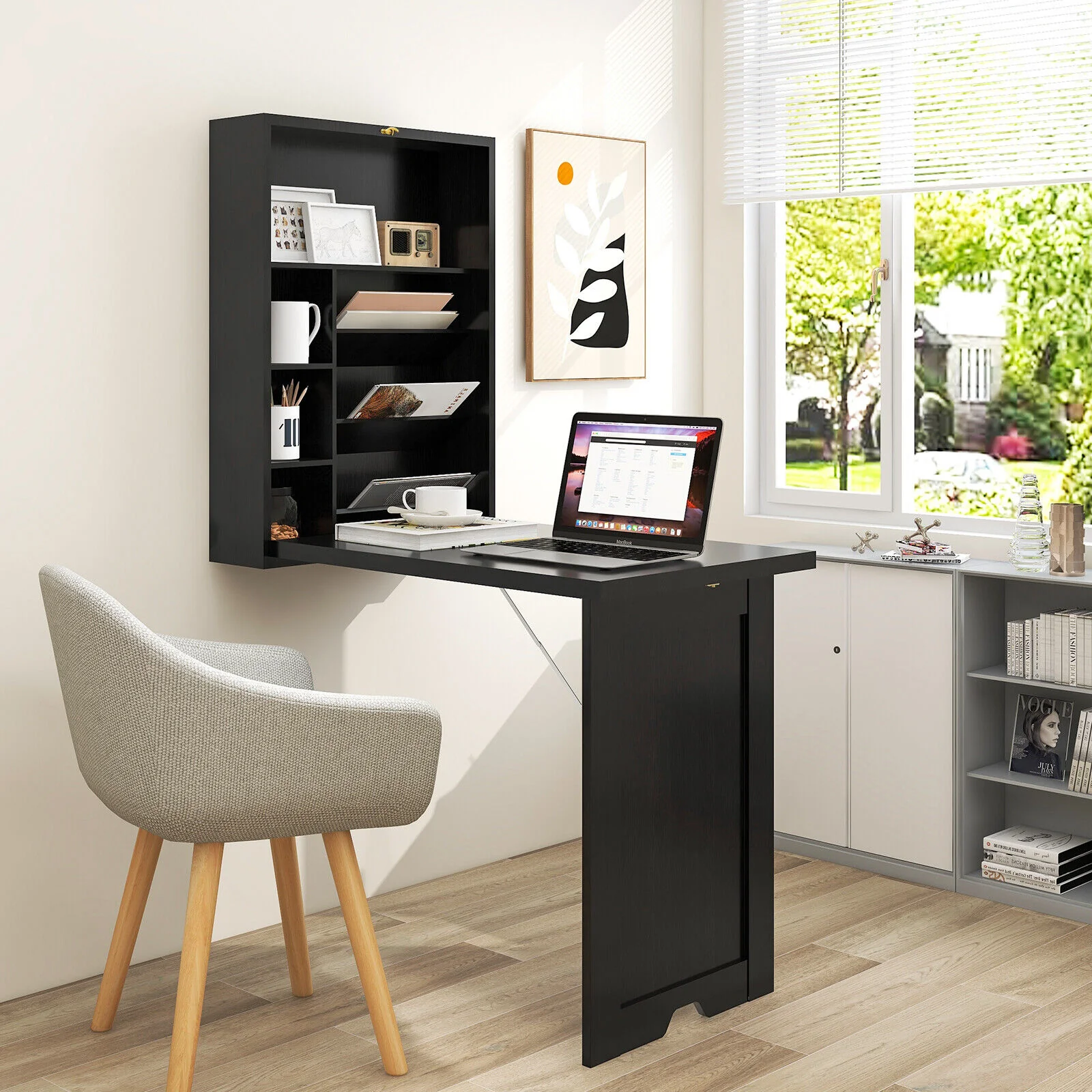 Wall Mounted Fold-Out Convertible Floating Desk Space Saver, Black - Image 2