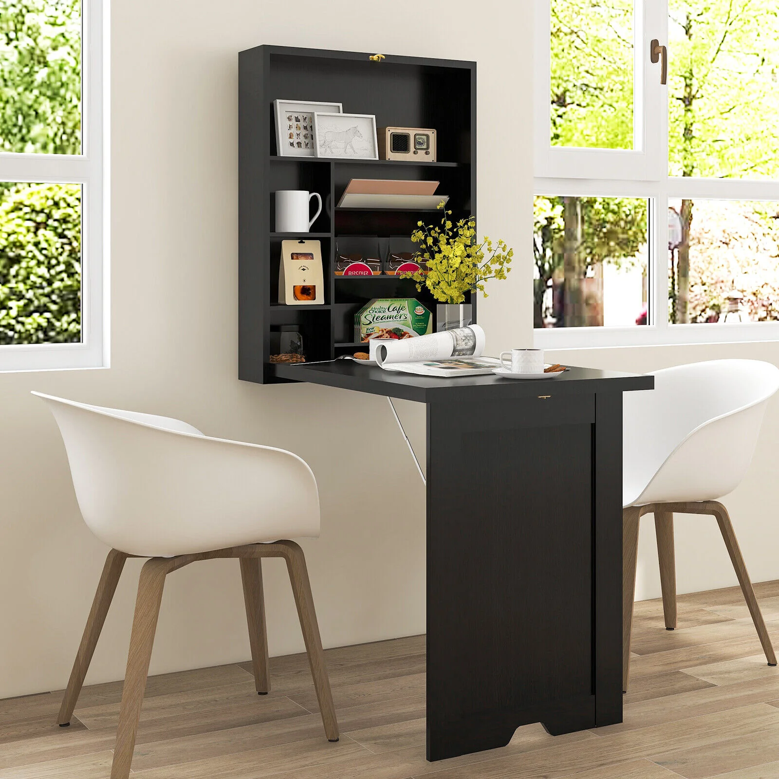 Wall Mounted Fold-Out Convertible Floating Desk Space Saver, Black - Image 7