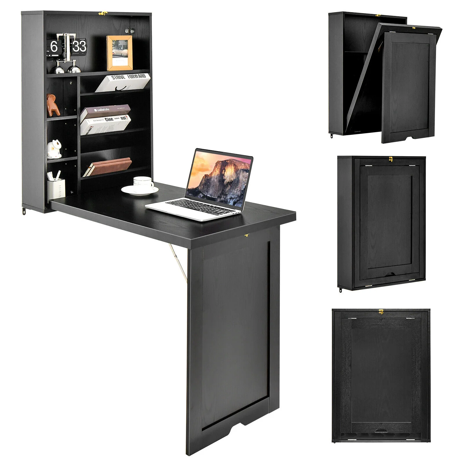 Wall Mounted Fold-Out Convertible Floating Desk Space Saver, Black - Image 8