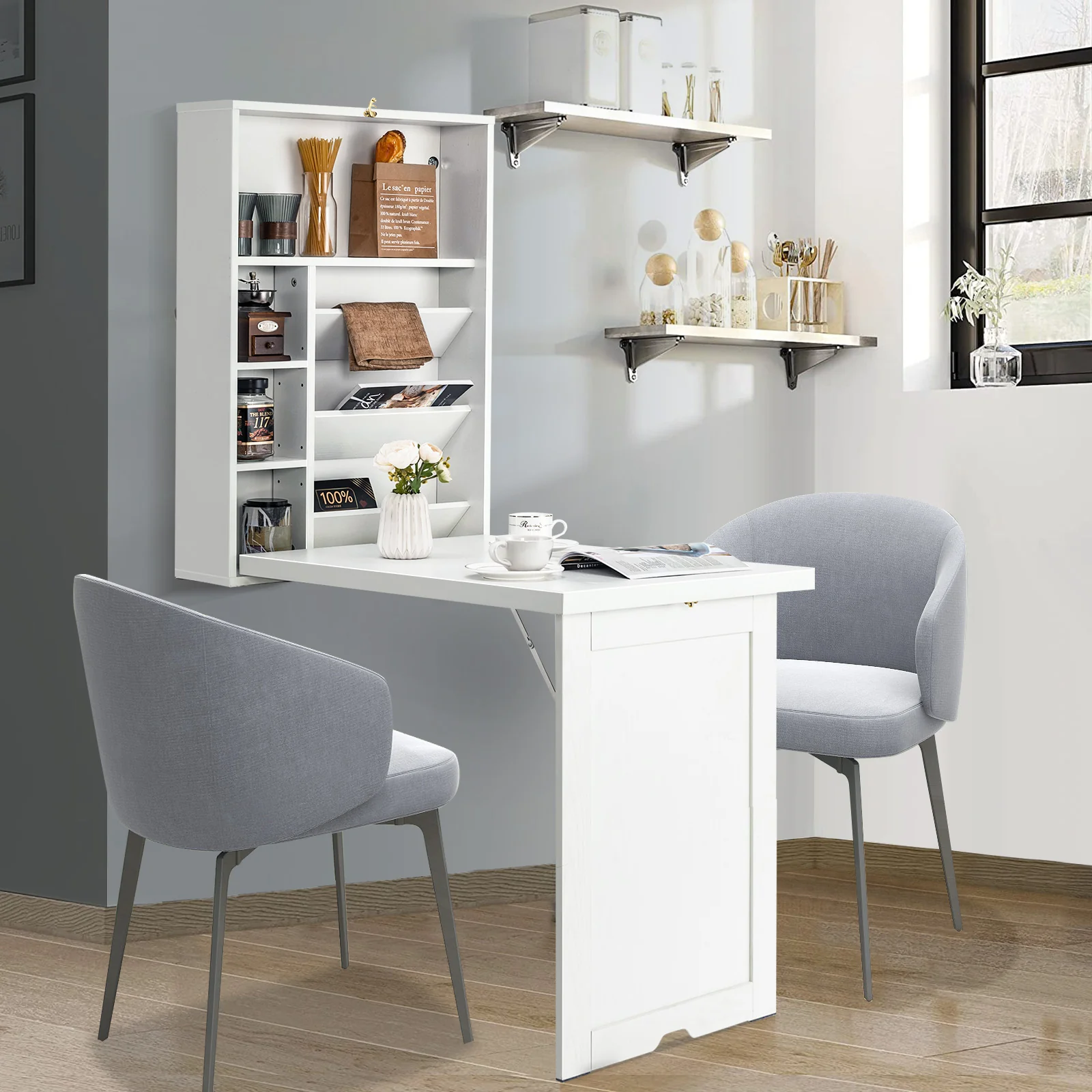 Wall Mounted Fold-Out Convertible Floating Desk Space Saver, White - Image 2