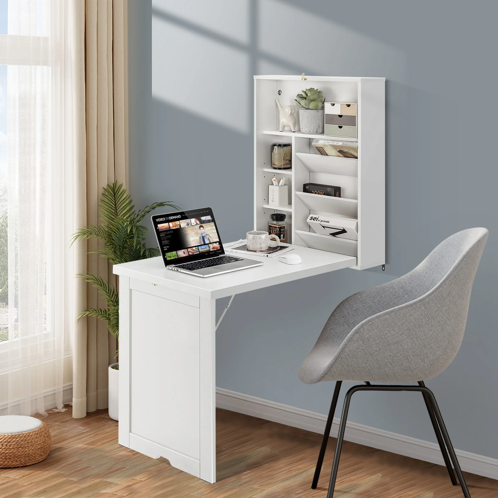 Wall Mounted Fold-Out Convertible Floating Desk Space Saver, White - Image 3