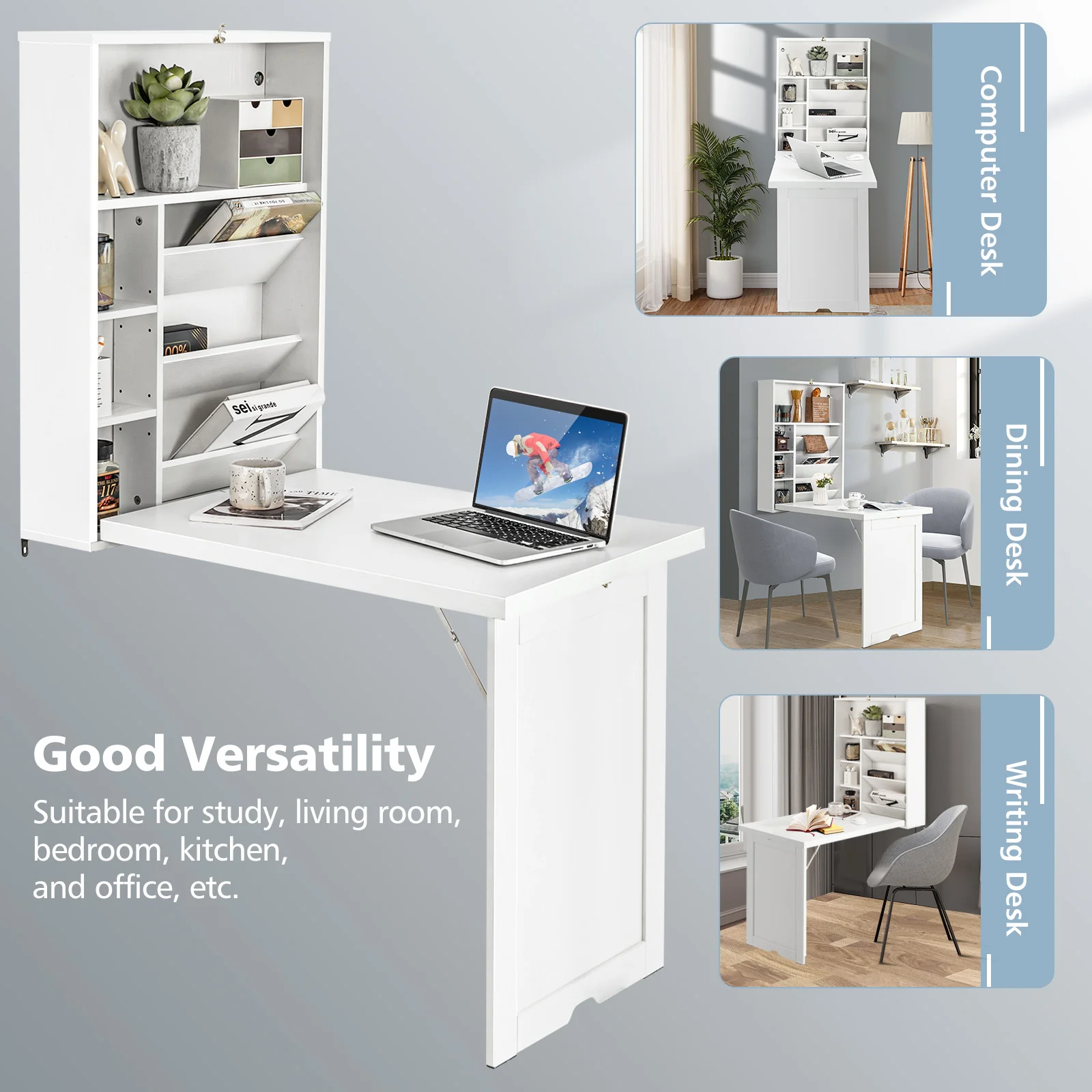 Wall Mounted Fold-Out Convertible Floating Desk Space Saver, White - Image 8