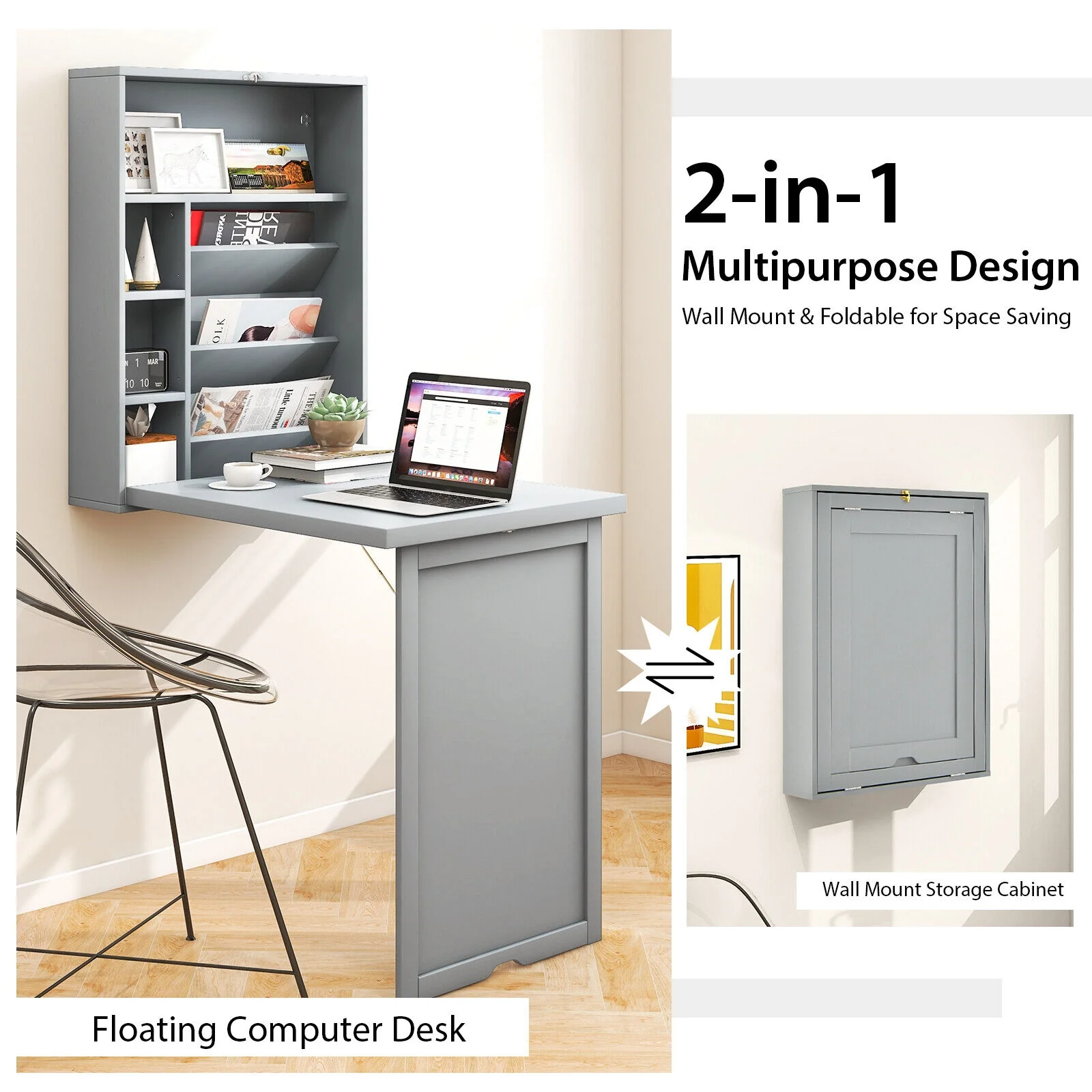 Wall Mounted Fold Out Floating Desk, Gray - Image 10