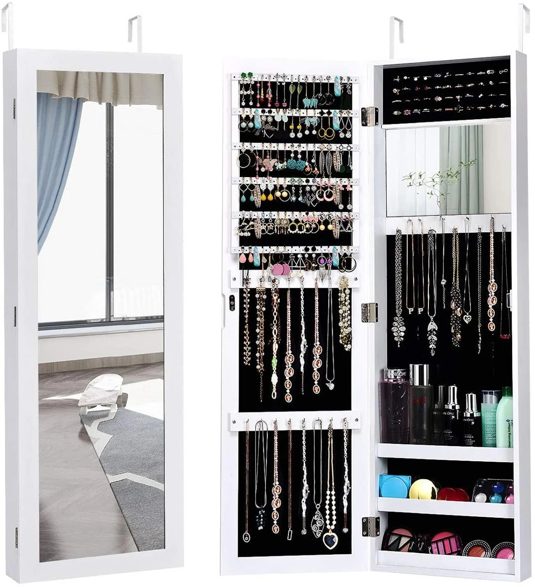 Wall Mounted Jewelry Cabinet, Mirrored Storage Organizer, White