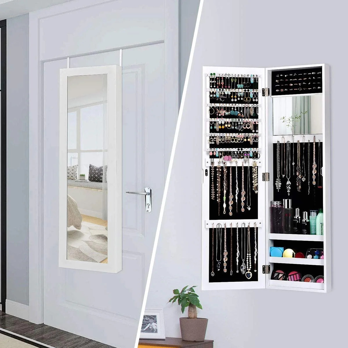 Wall Mounted Jewelry Cabinet, Mirrored Storage Organizer, White - Image 3