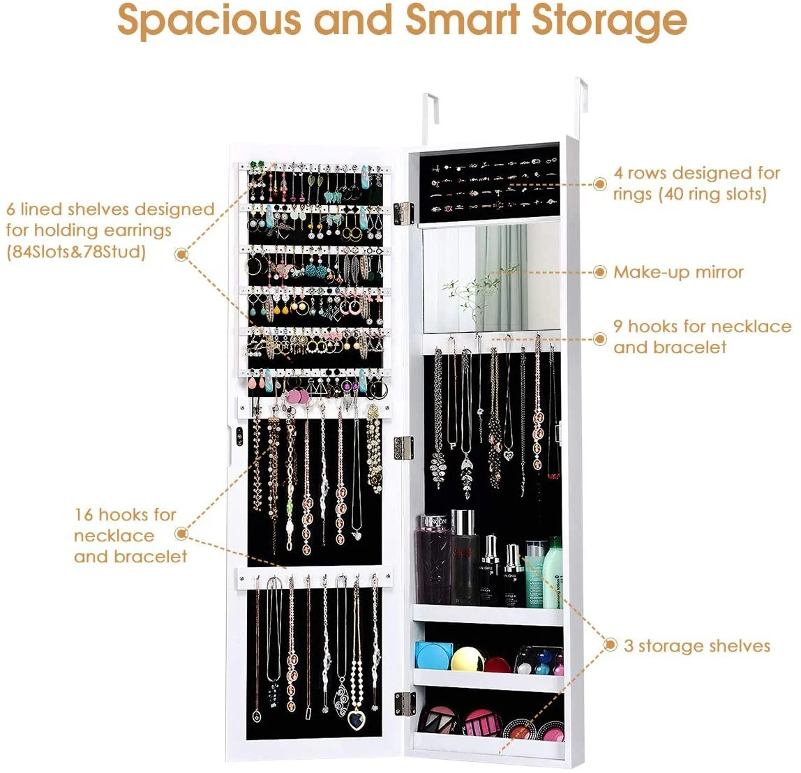 Wall Mounted Jewelry Cabinet, Mirrored Storage Organizer, White - Image 6