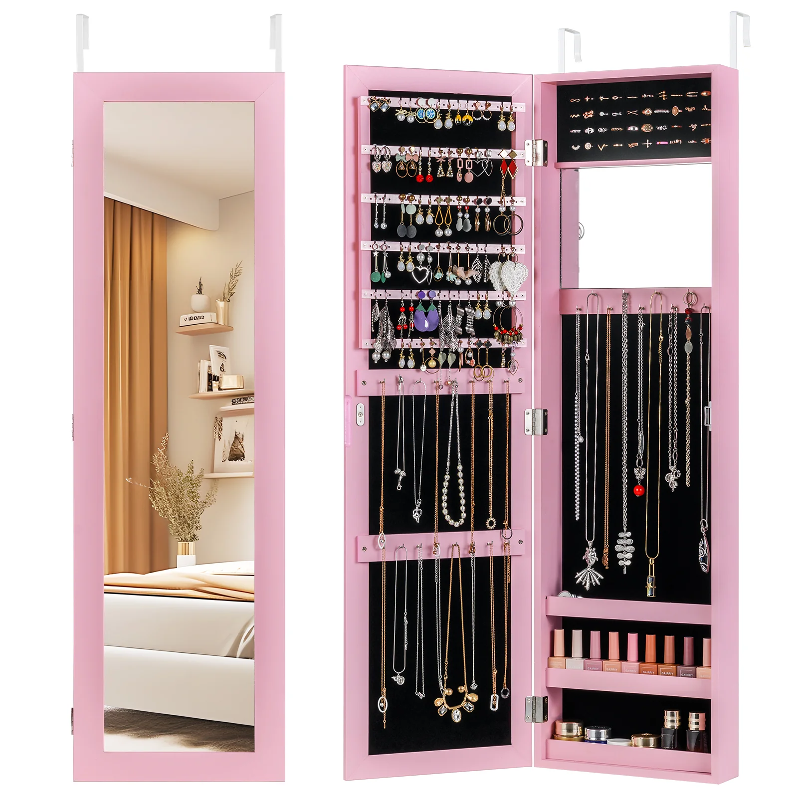 Wall Mounted Jewelry Cabinet, Modern Hanging Organizer, Pink