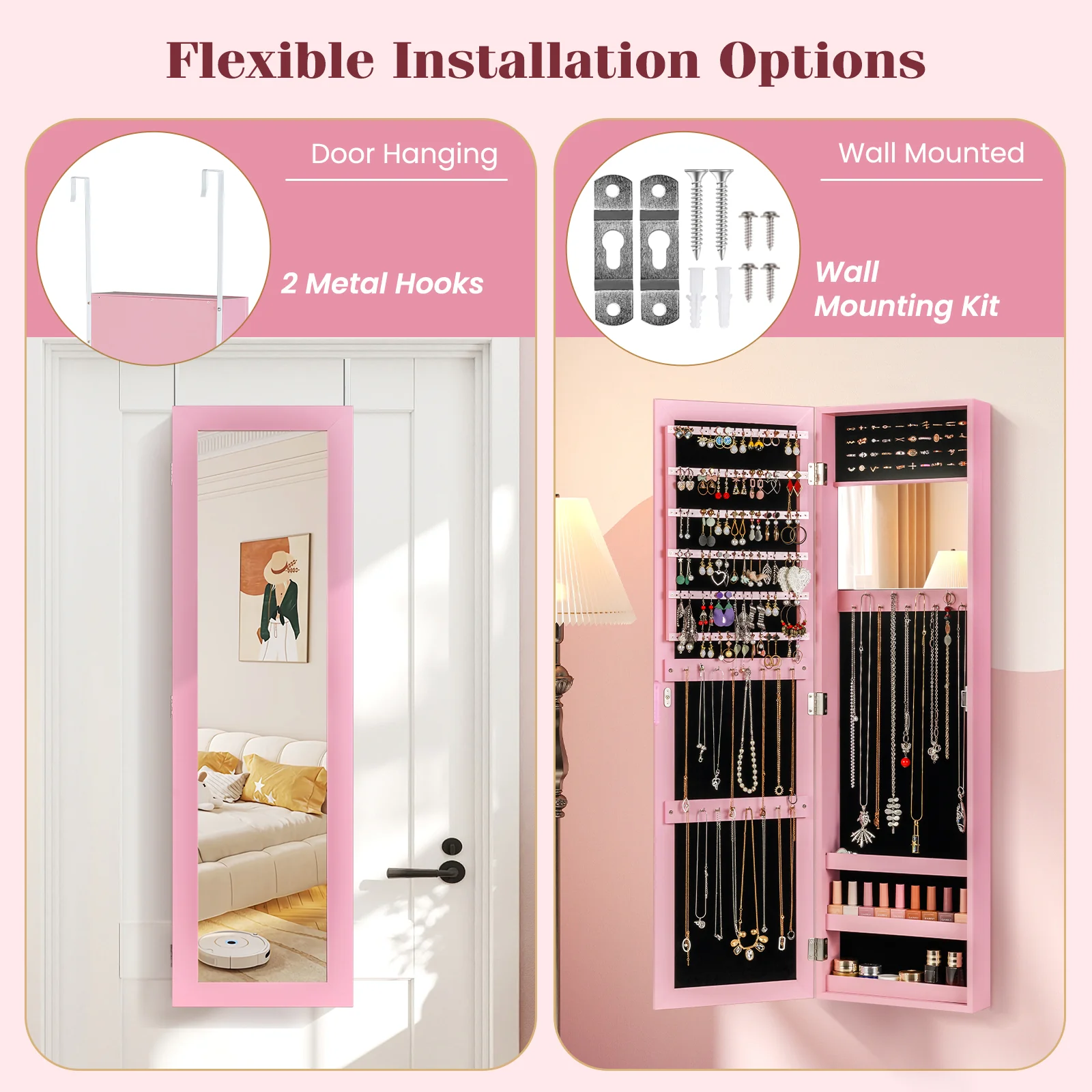 Wall Mounted Jewelry Cabinet, Modern Hanging Organizer, Pink - Image 10