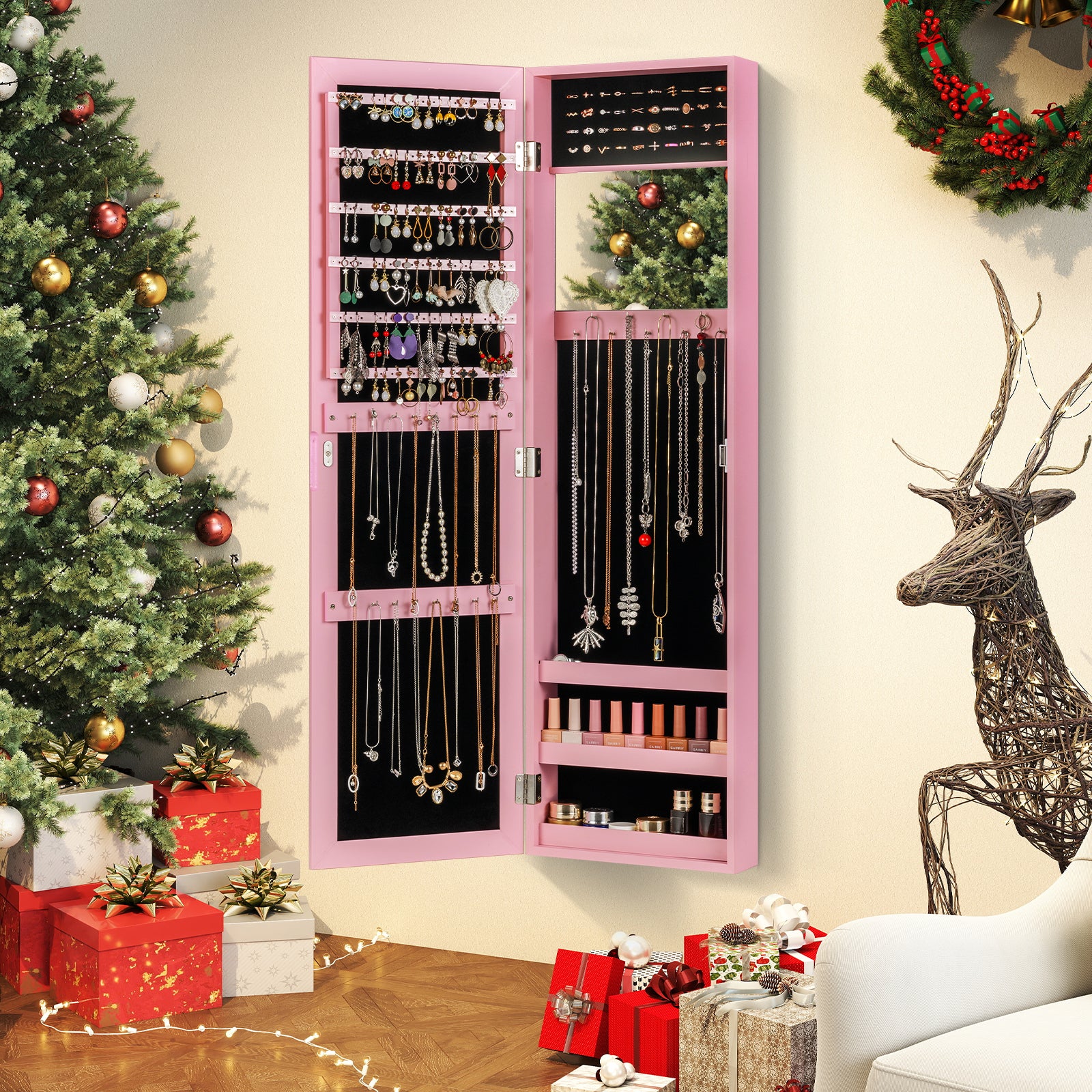 Wall Mounted Jewelry Cabinet, Modern Hanging Organizer, Pink - Image 2