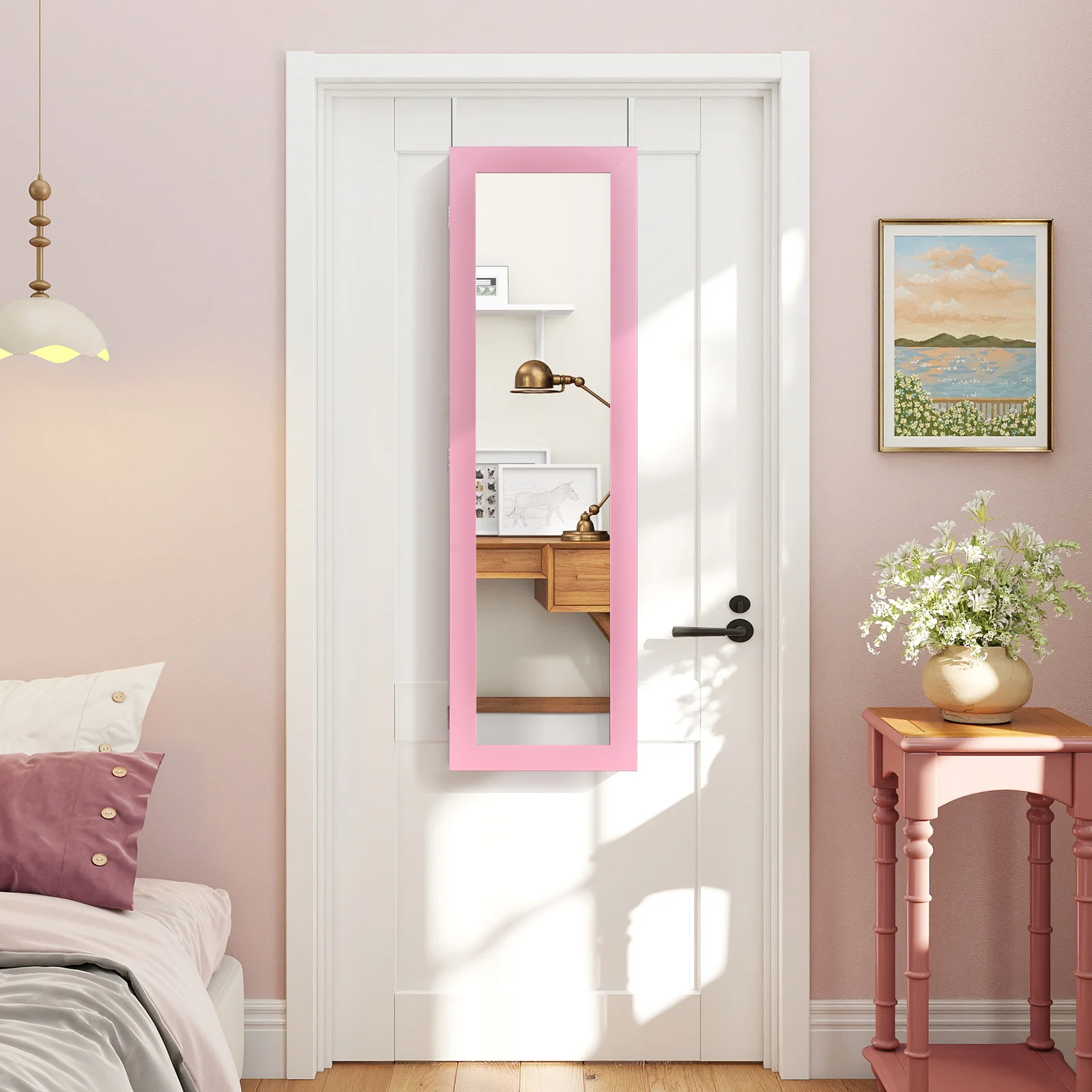 Wall Mounted Jewelry Cabinet, Modern Hanging Organizer, Pink - Image 3