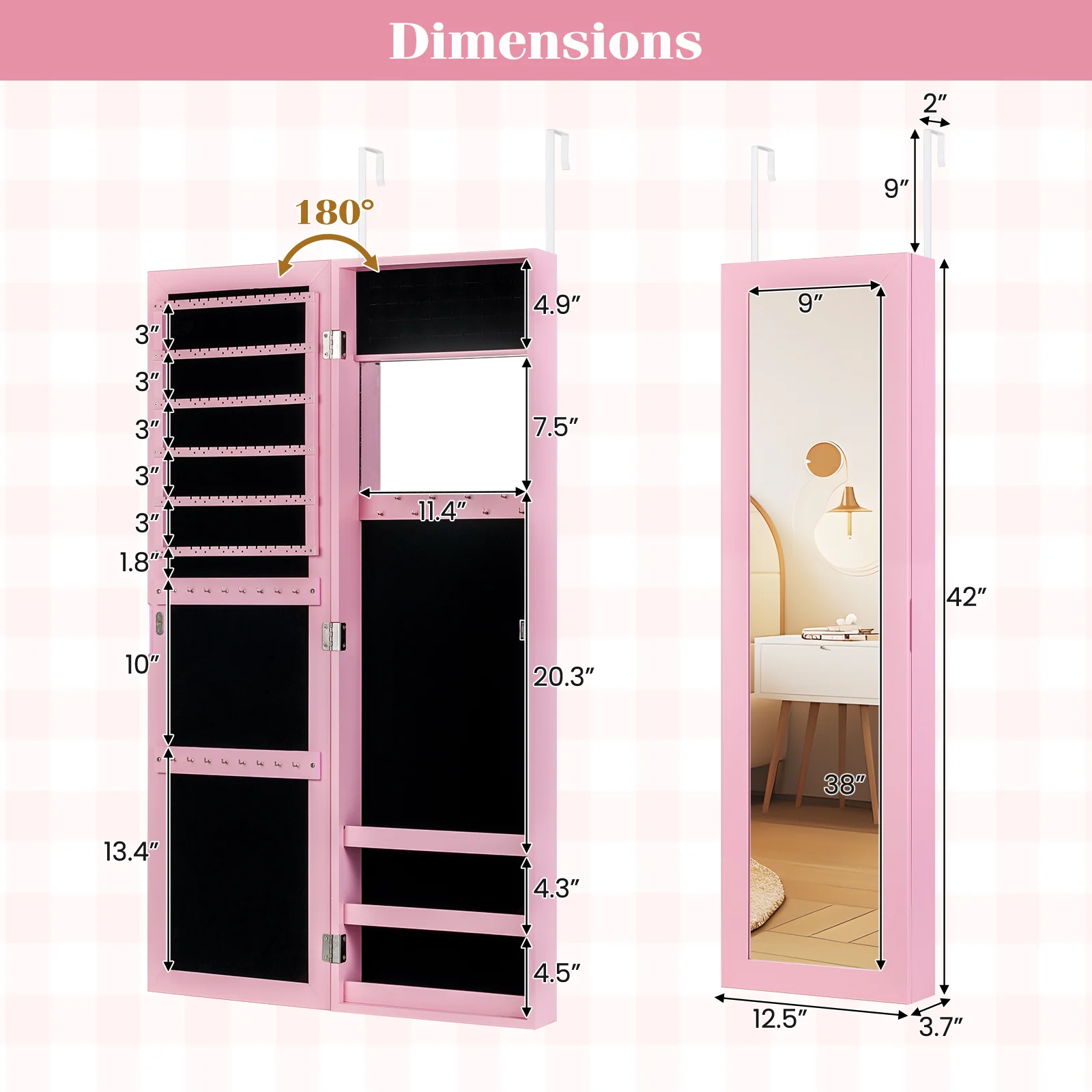 Wall Mounted Jewelry Cabinet, Modern Hanging Organizer, Pink - Image 6