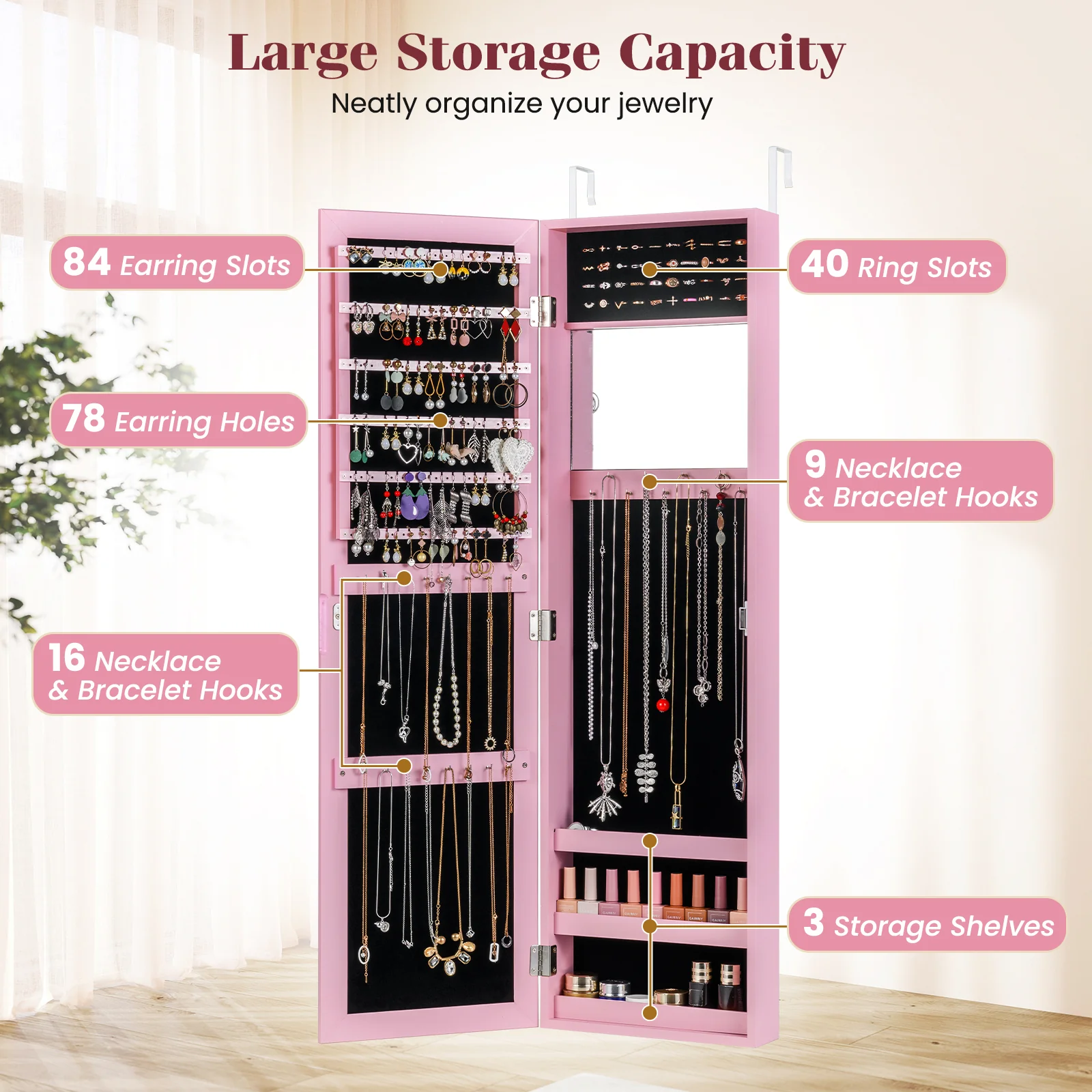Wall Mounted Jewelry Cabinet, Modern Hanging Organizer, Pink - Image 8