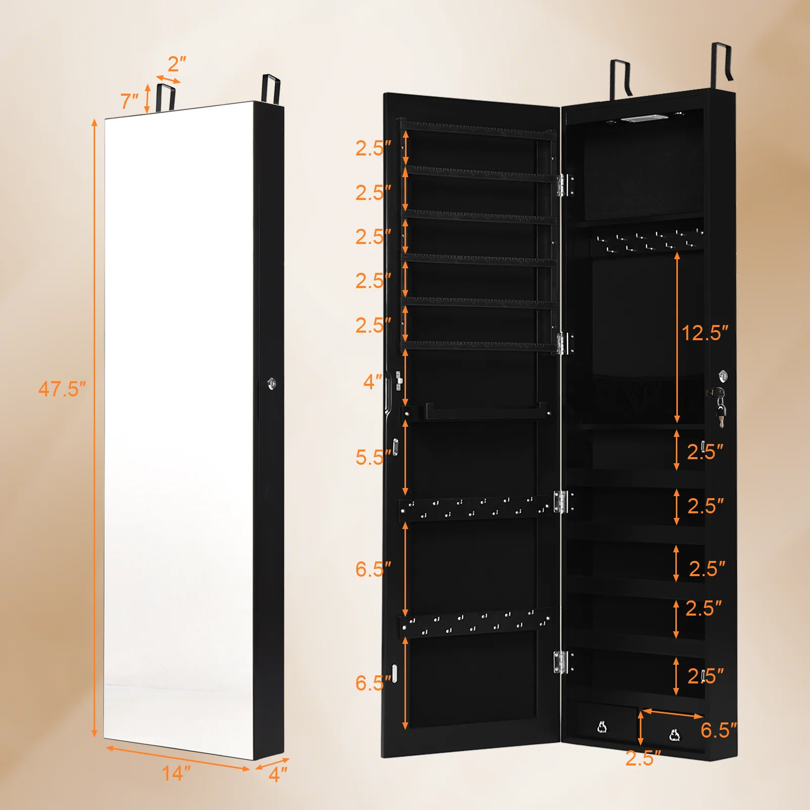 Wall Mounted Jewelry Cabinet With Lights, Black - Image 6