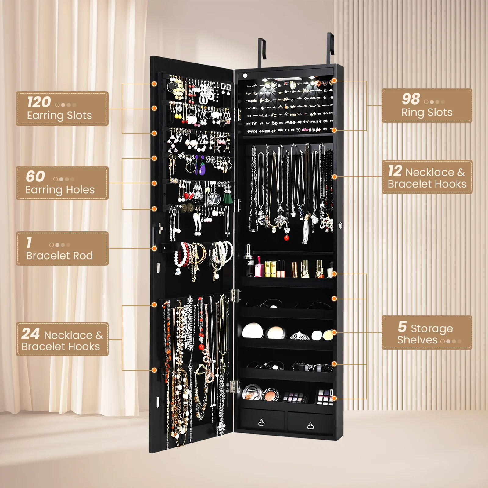 Wall Mounted Jewelry Cabinet With Lights, Black - Image 7