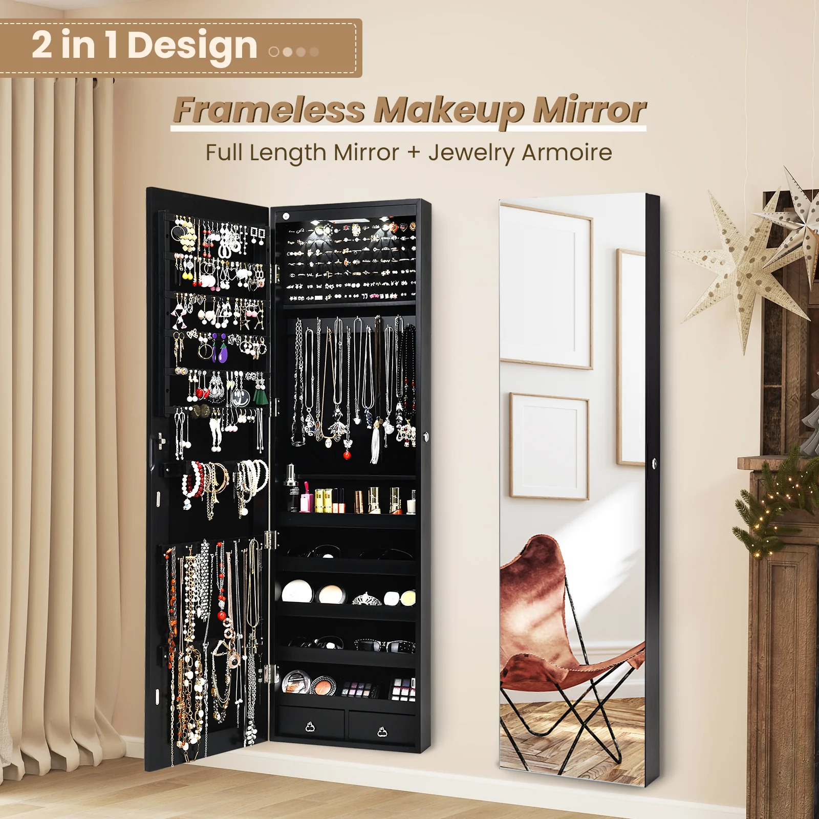Wall Mounted Jewelry Cabinet With Lights, Black - Image 8