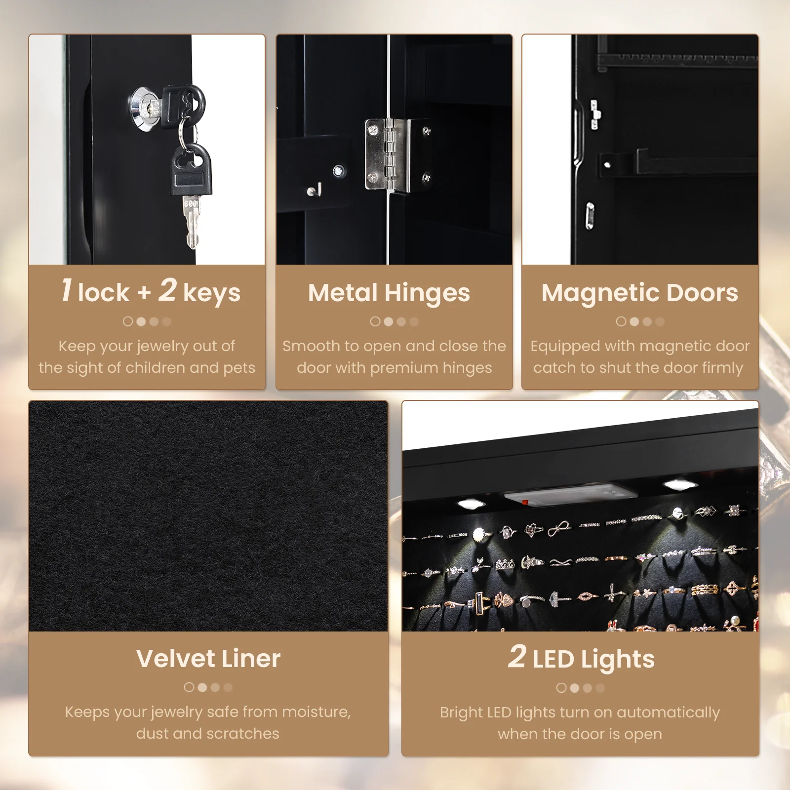 Wall Mounted Jewelry Cabinet With Lights, Black - Image 9