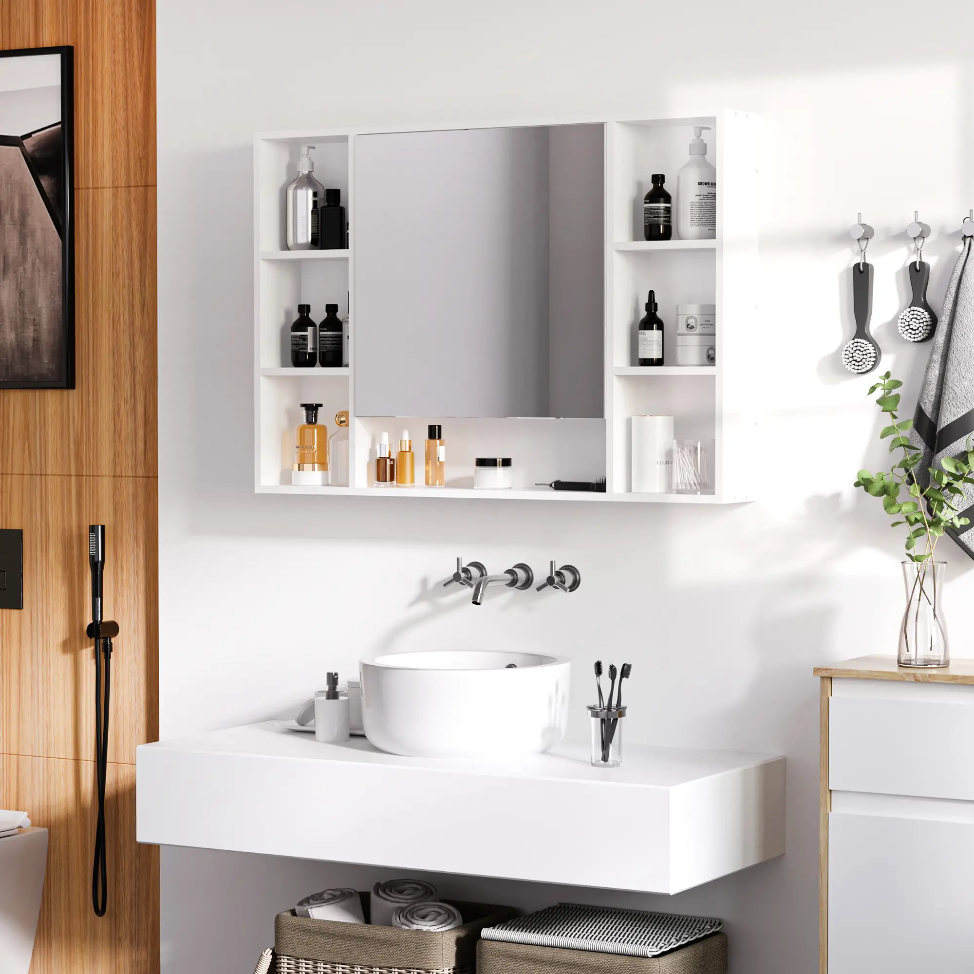Wall Mounted Medicine Cabinet, 39.25"W x 27.5"H Bathroom Mirror Cabinet with Single Mirrored Door, Shelves and Storage Cupboard, White - Image 2