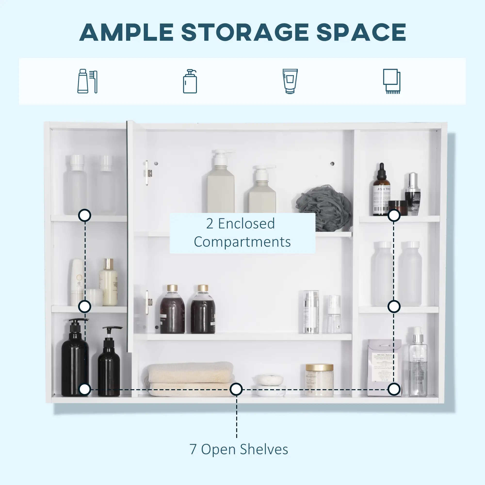 Wall Mounted Medicine Cabinet, 39.25"W x 27.5"H Bathroom Mirror Cabinet with Single Mirrored Door, Shelves and Storage Cupboard, White - Image 4