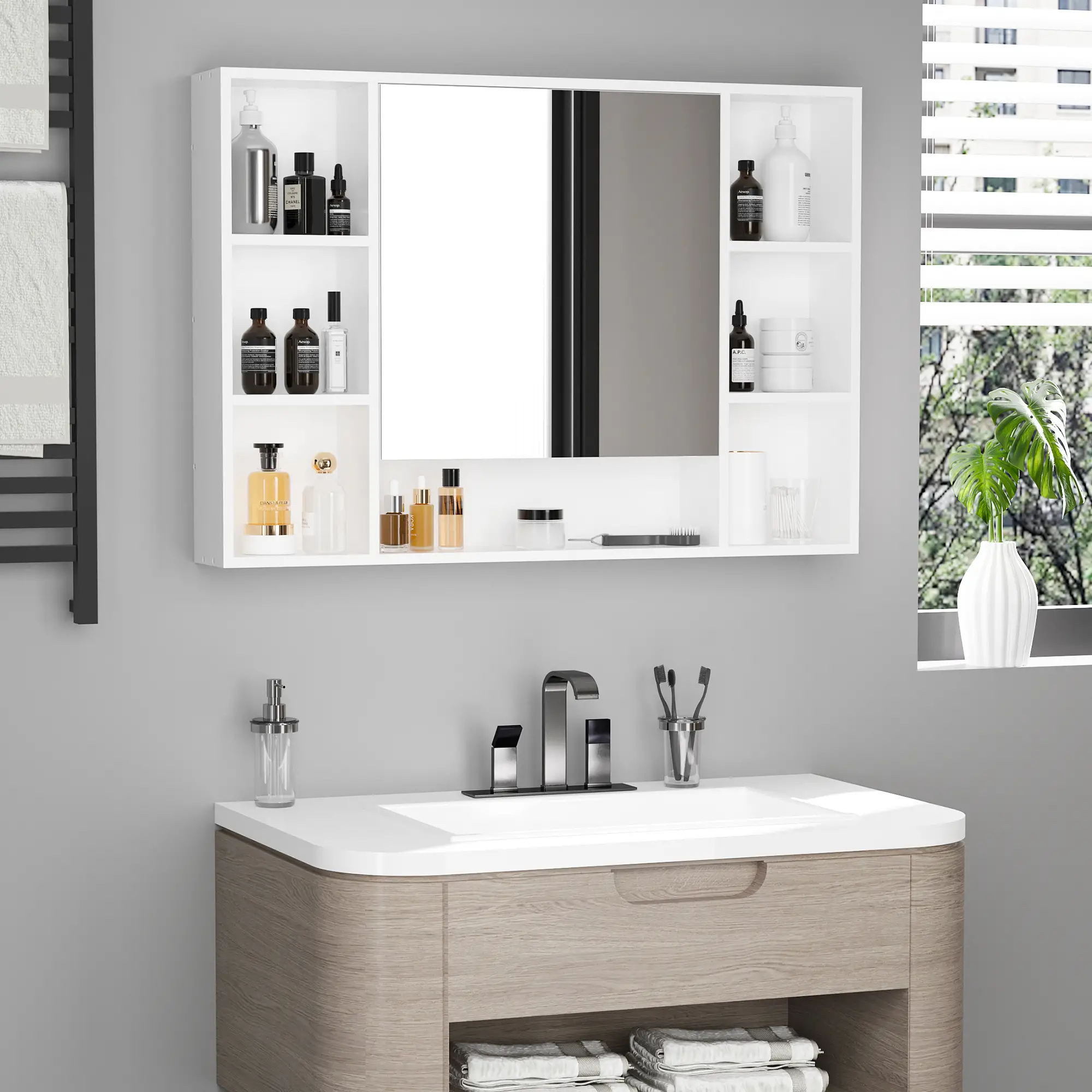 Wall Mounted Medicine Cabinet, 39.25"W x 27.5"H Bathroom Mirror Cabinet with Single Mirrored Door, Shelves and Storage Cupboard, White - Image 8