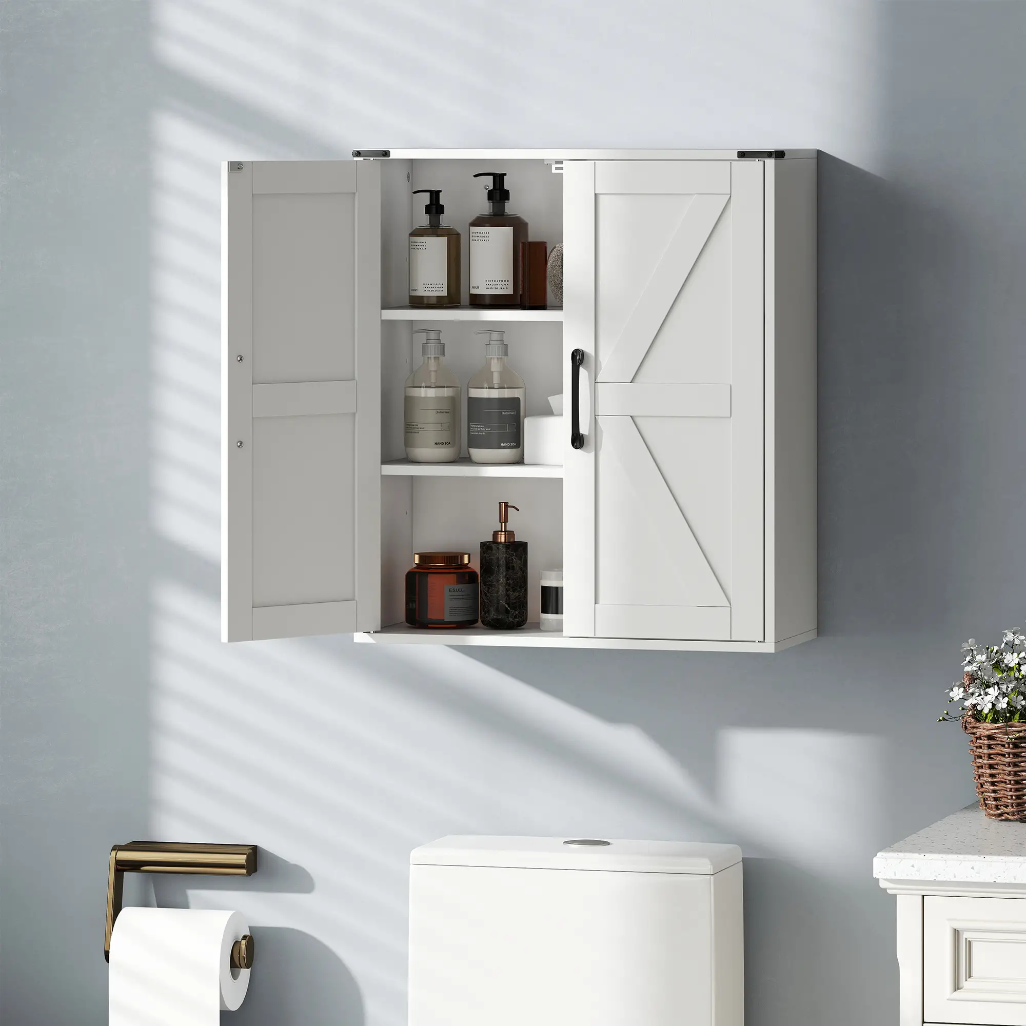 Wall Mounted Medicine Cabinet, Barn Doors, Adjustable Shelves, White - Image 2