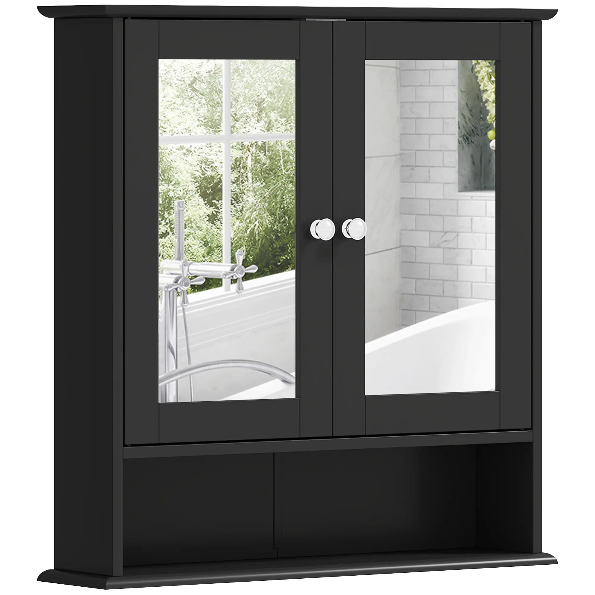 Wall-Mounted Medicine Cabinet, Double Doors, Open Shelf, Adjustable, Black