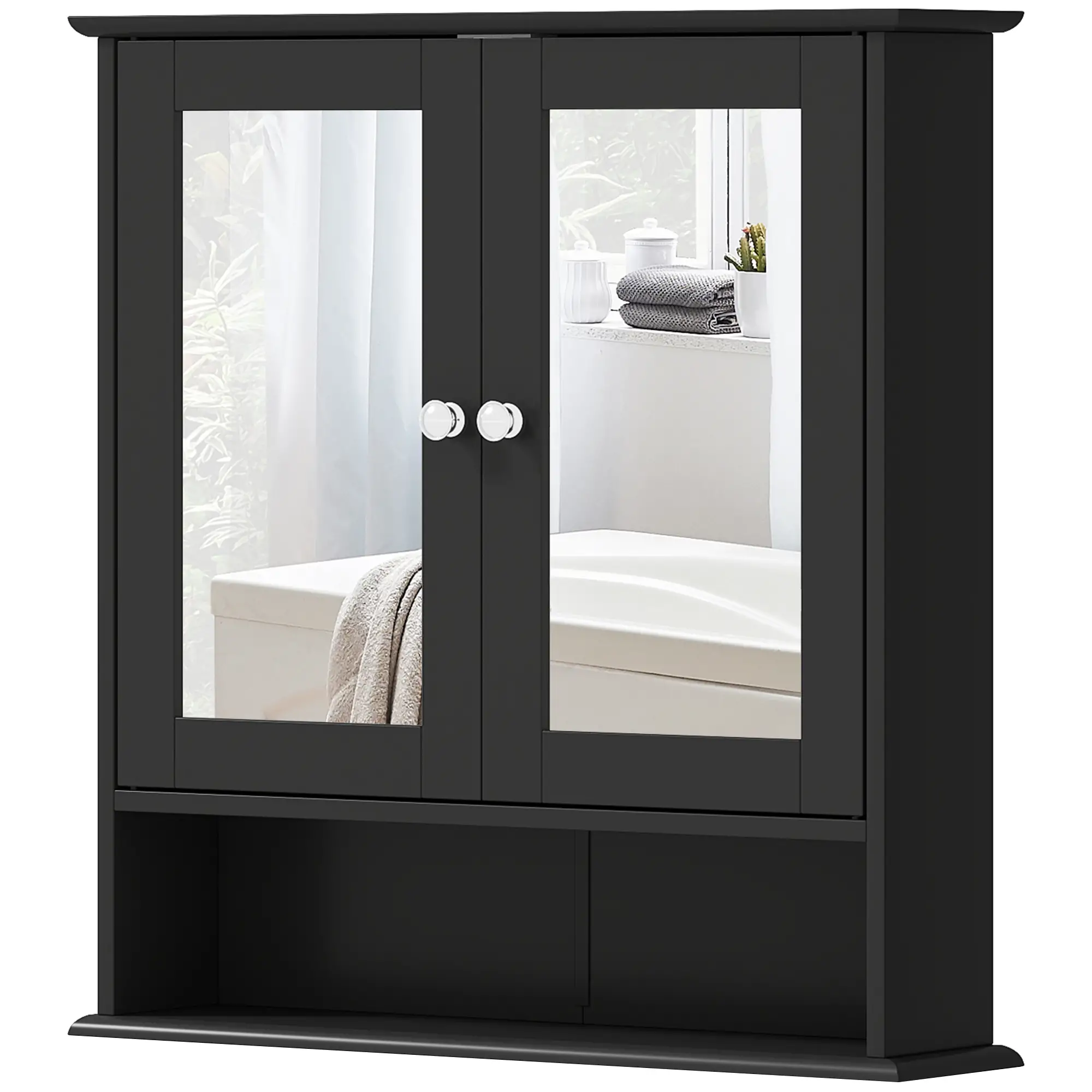Wall-Mounted Medicine Cabinet, Double Doors, Open Shelf, Adjustable, Black - Image 11