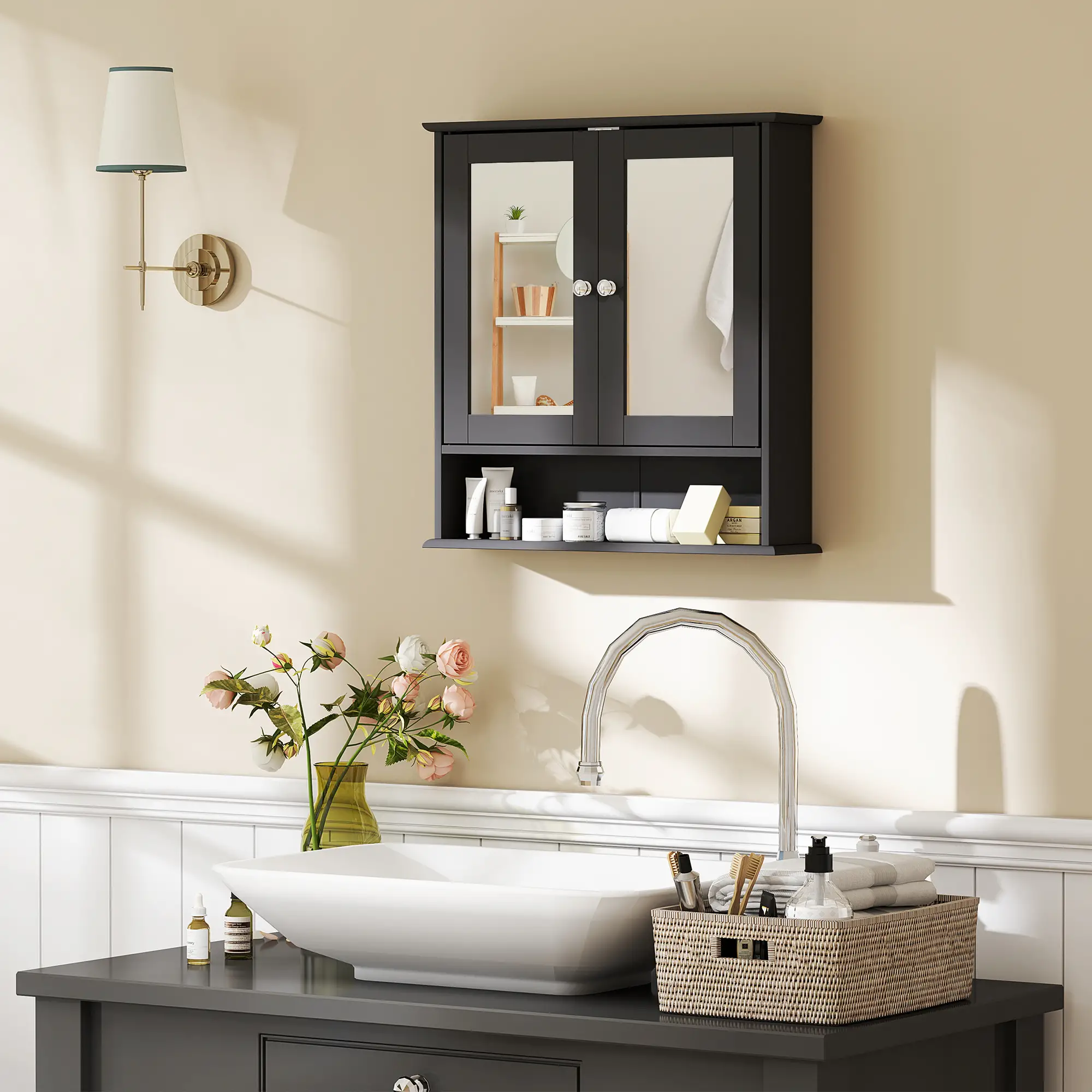 Wall-Mounted Medicine Cabinet, Double Doors, Open Shelf, Adjustable, Black - Image 2