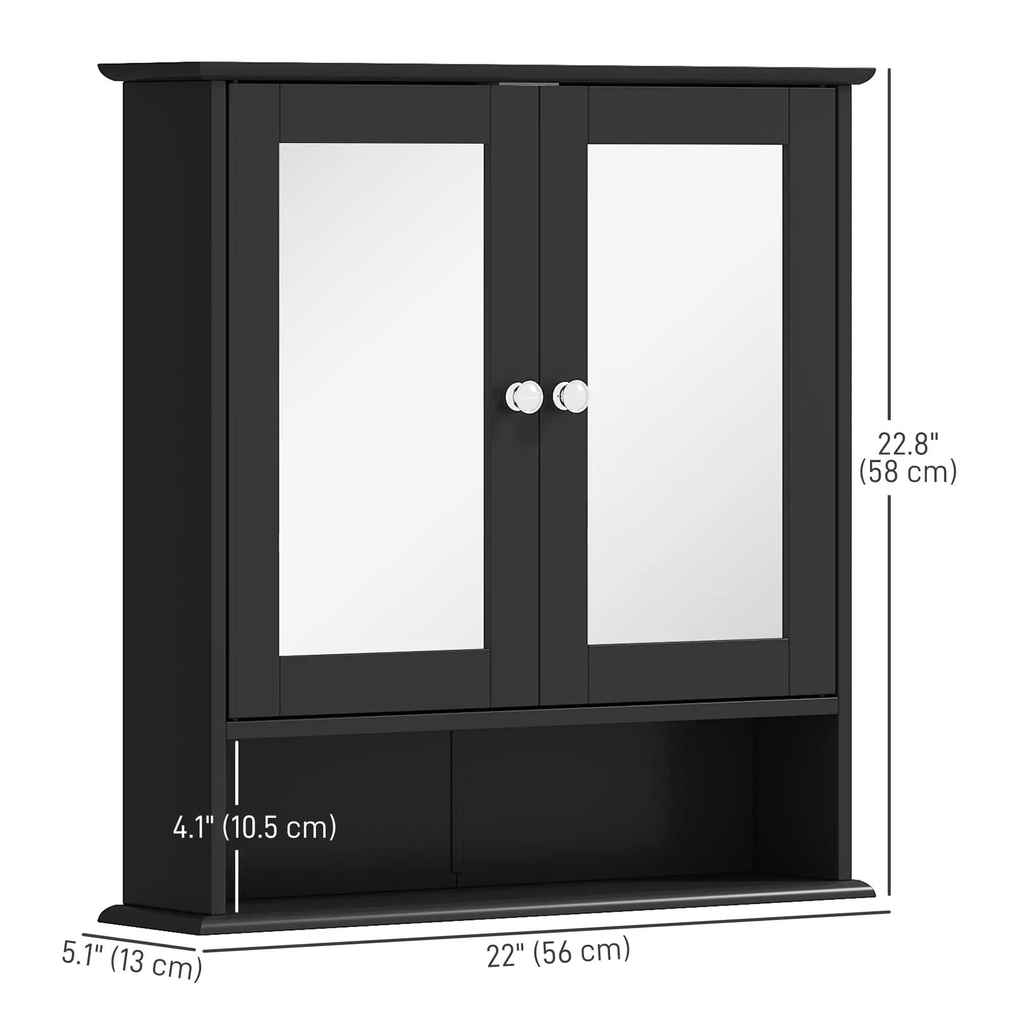 Wall-Mounted Medicine Cabinet, Double Doors, Open Shelf, Adjustable, Black - Image 3