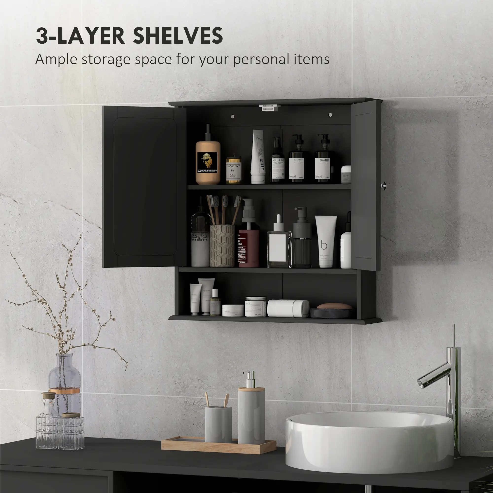 Wall-Mounted Medicine Cabinet, Double Doors, Open Shelf, Adjustable, Black - Image 4