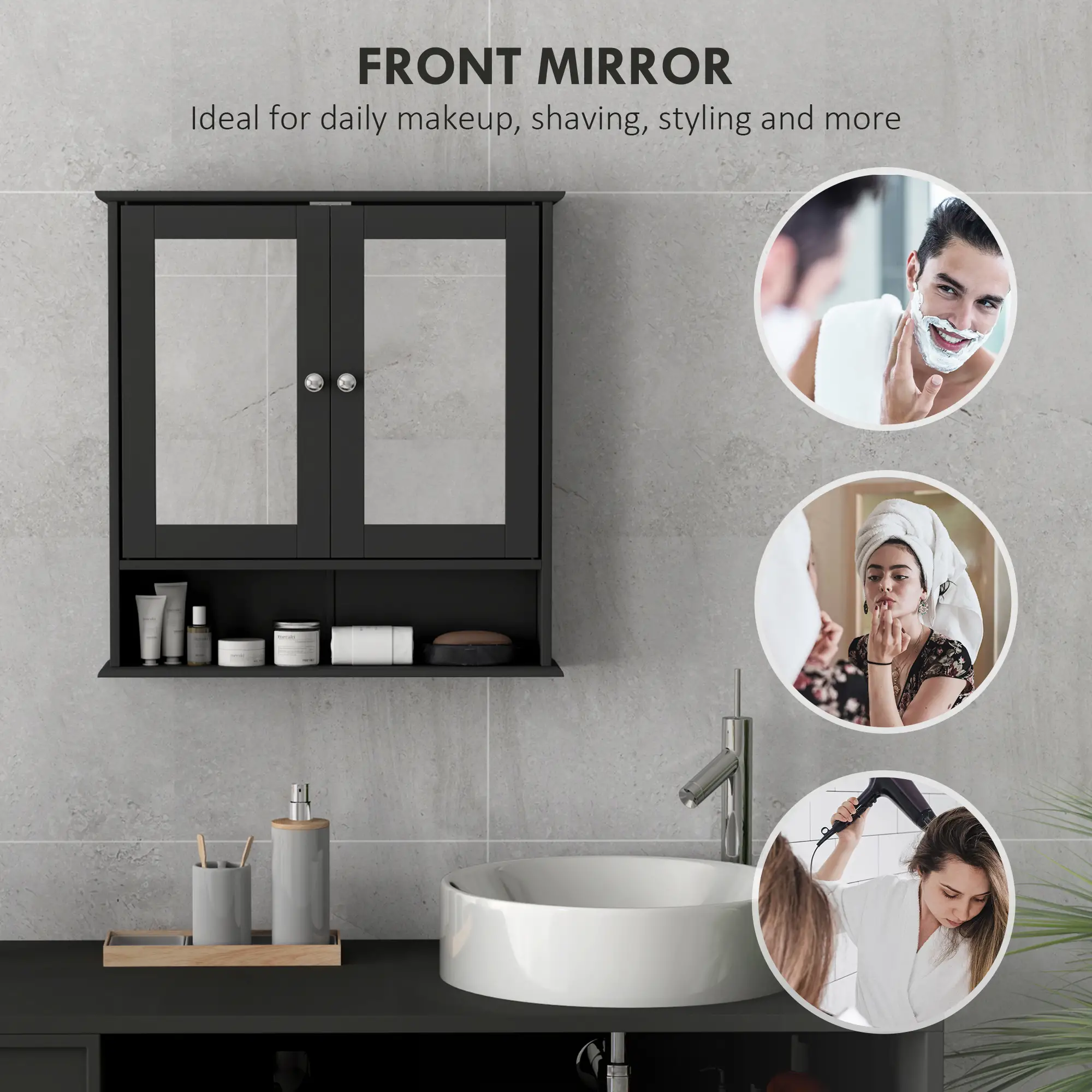 Wall-Mounted Medicine Cabinet, Double Doors, Open Shelf, Adjustable, Black - Image 5