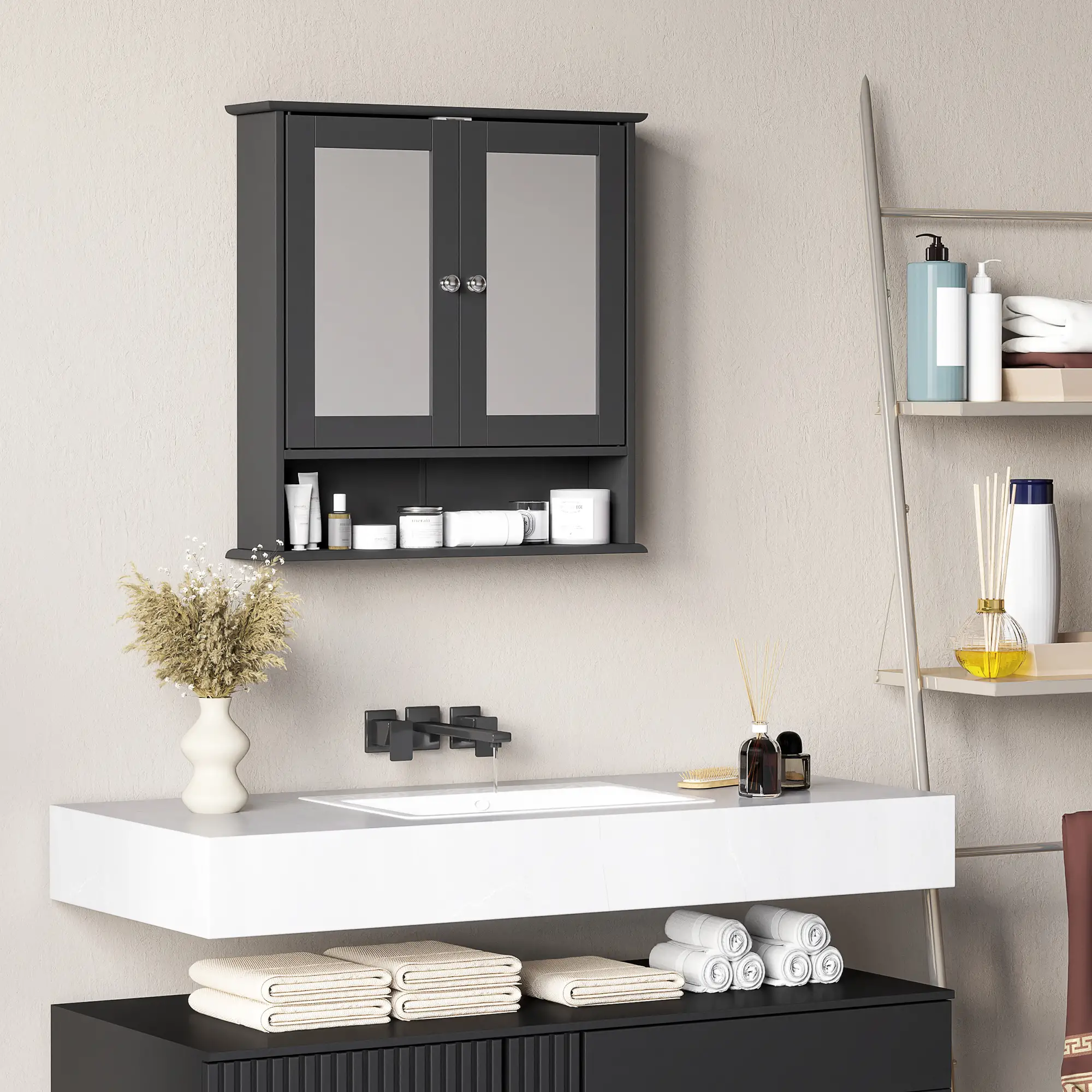 Wall-Mounted Medicine Cabinet, Double Doors, Open Shelf, Adjustable, Black - Image 7
