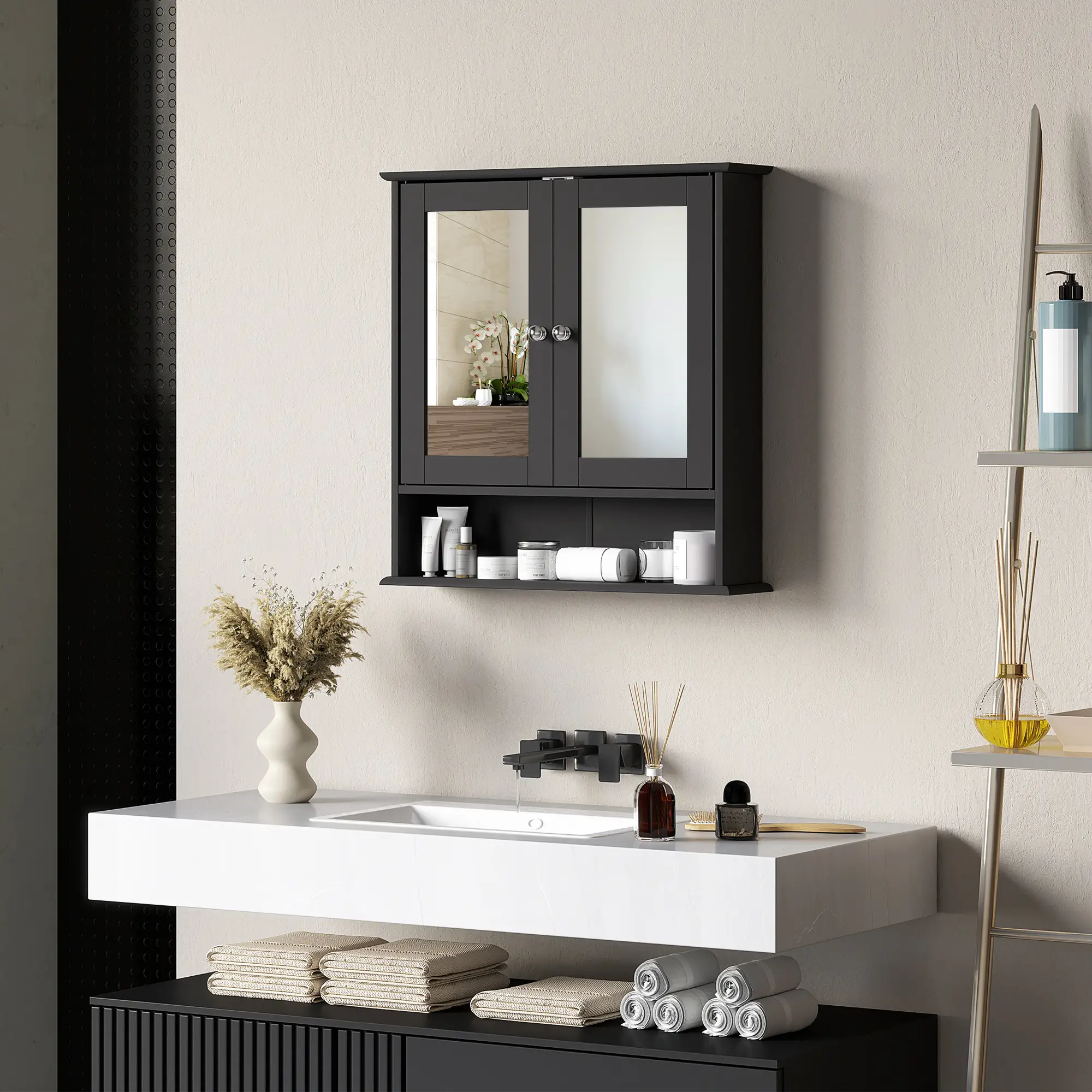 Wall-Mounted Medicine Cabinet, Double Doors, Open Shelf, Adjustable, Black - Image 8